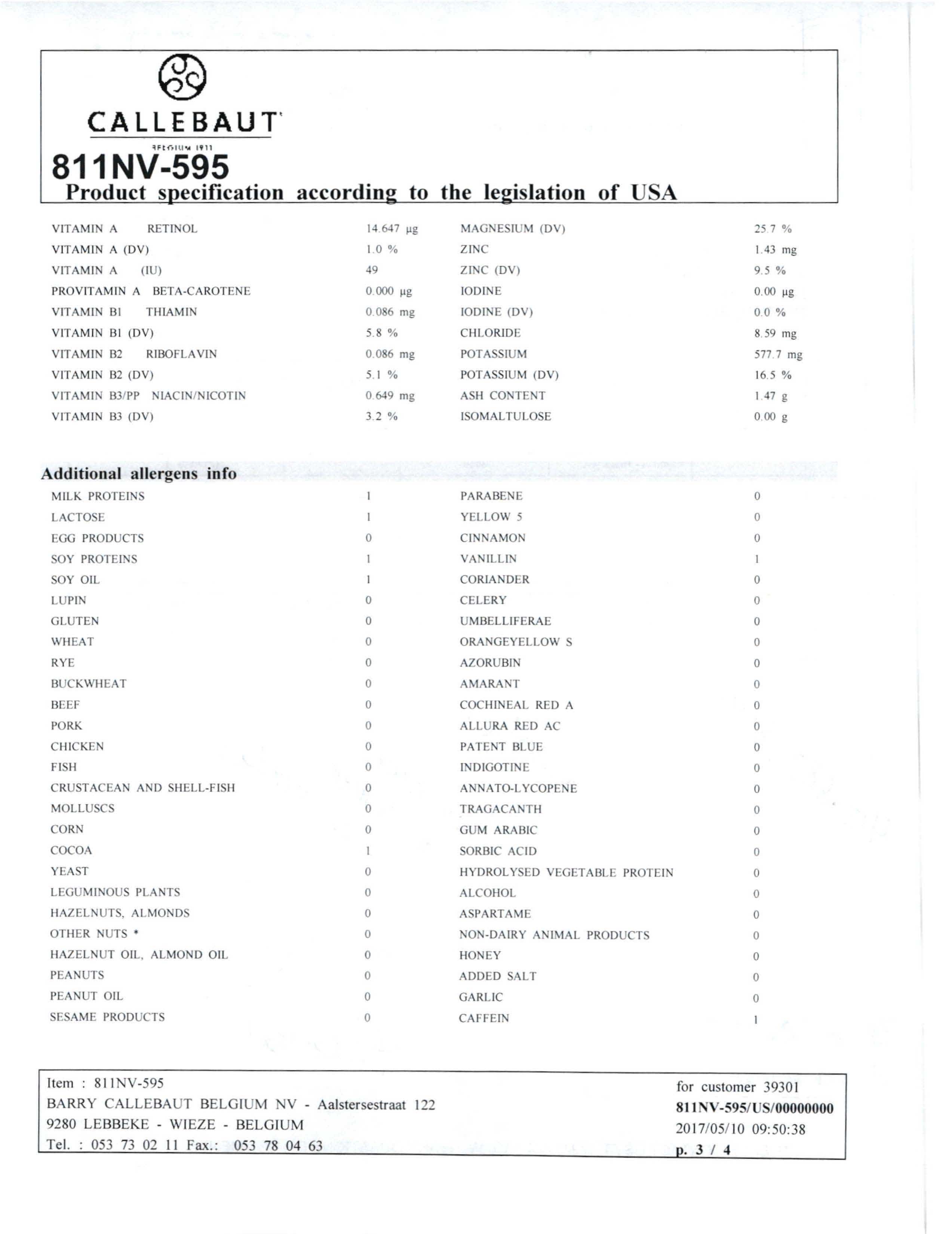 Dark Chocolate Callets 811 Nutritional Info Page 3 by Callebaut at Stover & Company