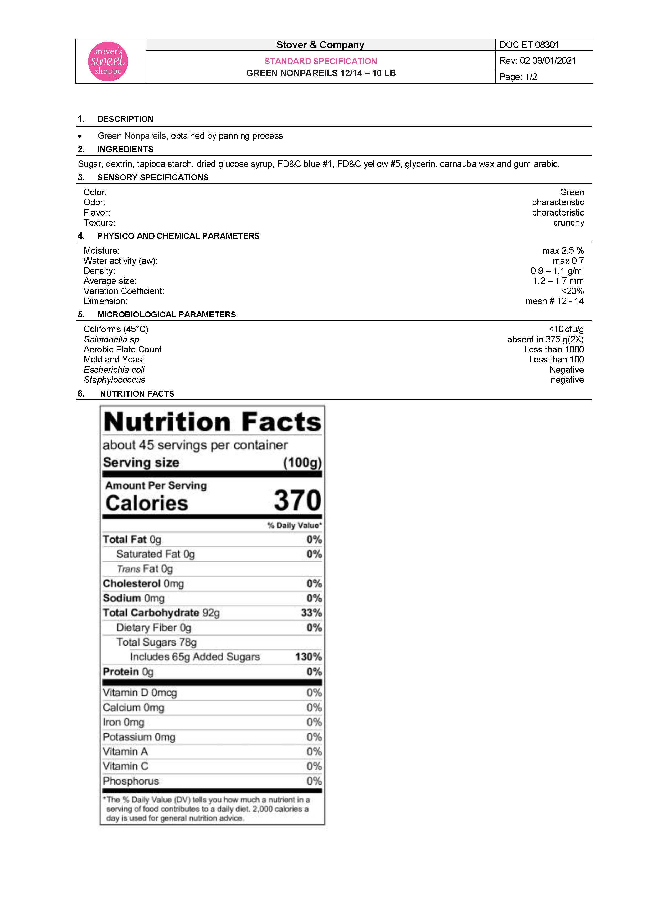 Green Nonpareils Nutritional Info Page 1 by Stover's Sweet Shoppe at Stover & Company