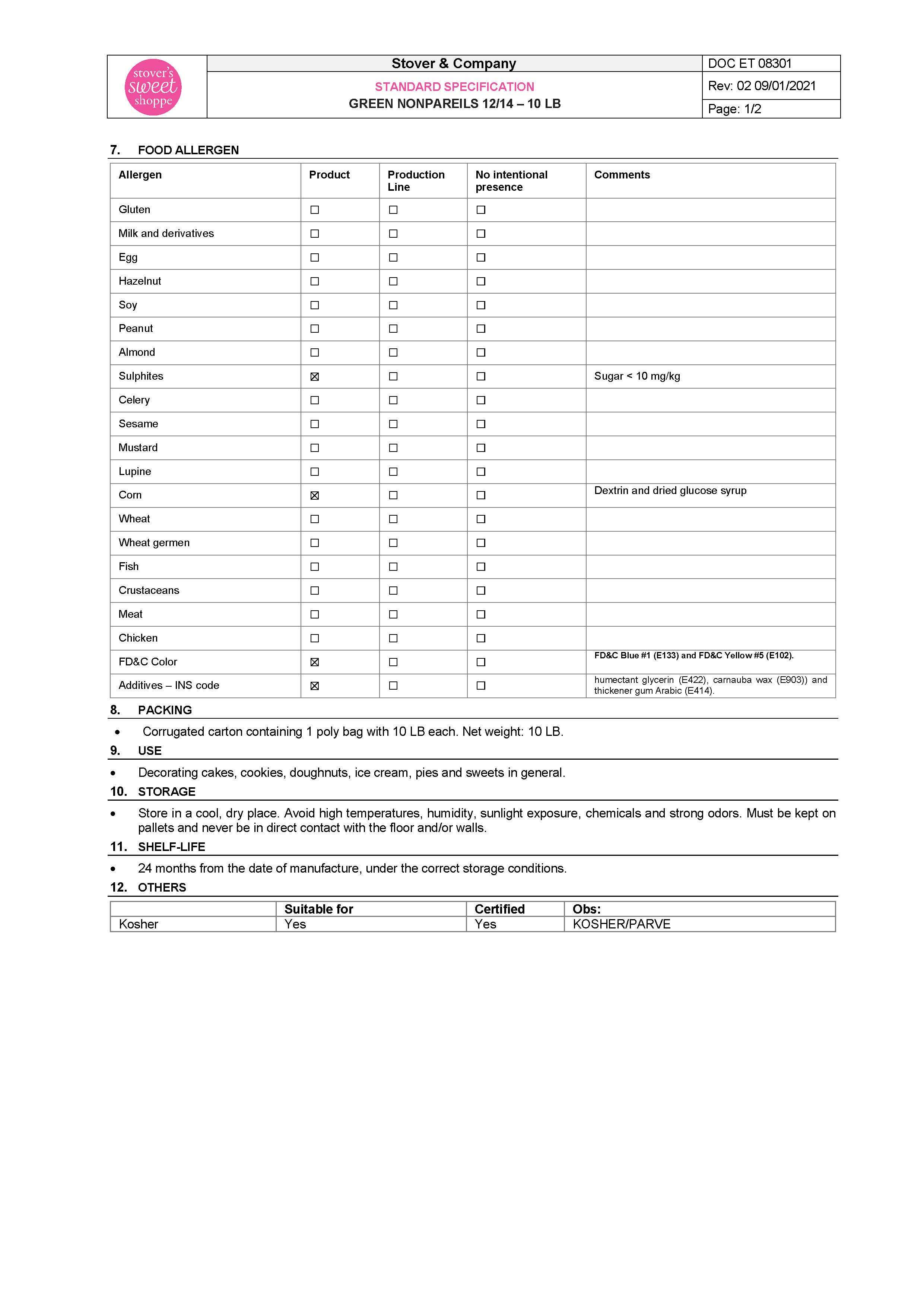 Green Nonpareils Nutritional Info Page 2 by Stover's Sweet Shoppe at Stover & Company