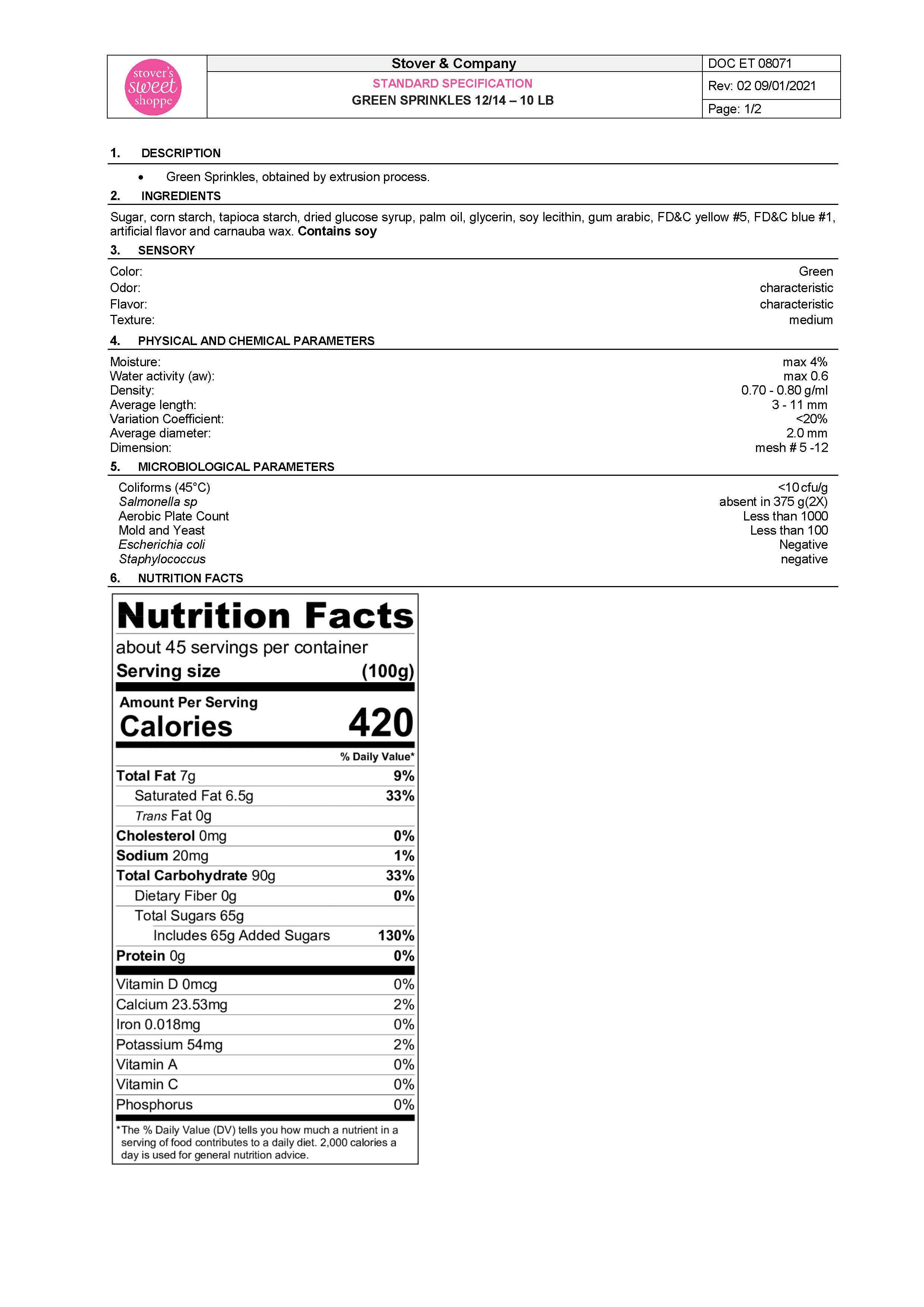 Green Sprinkles Nutritional Info Page 1 by Stover's Sweet Shoppe at Stover & Company