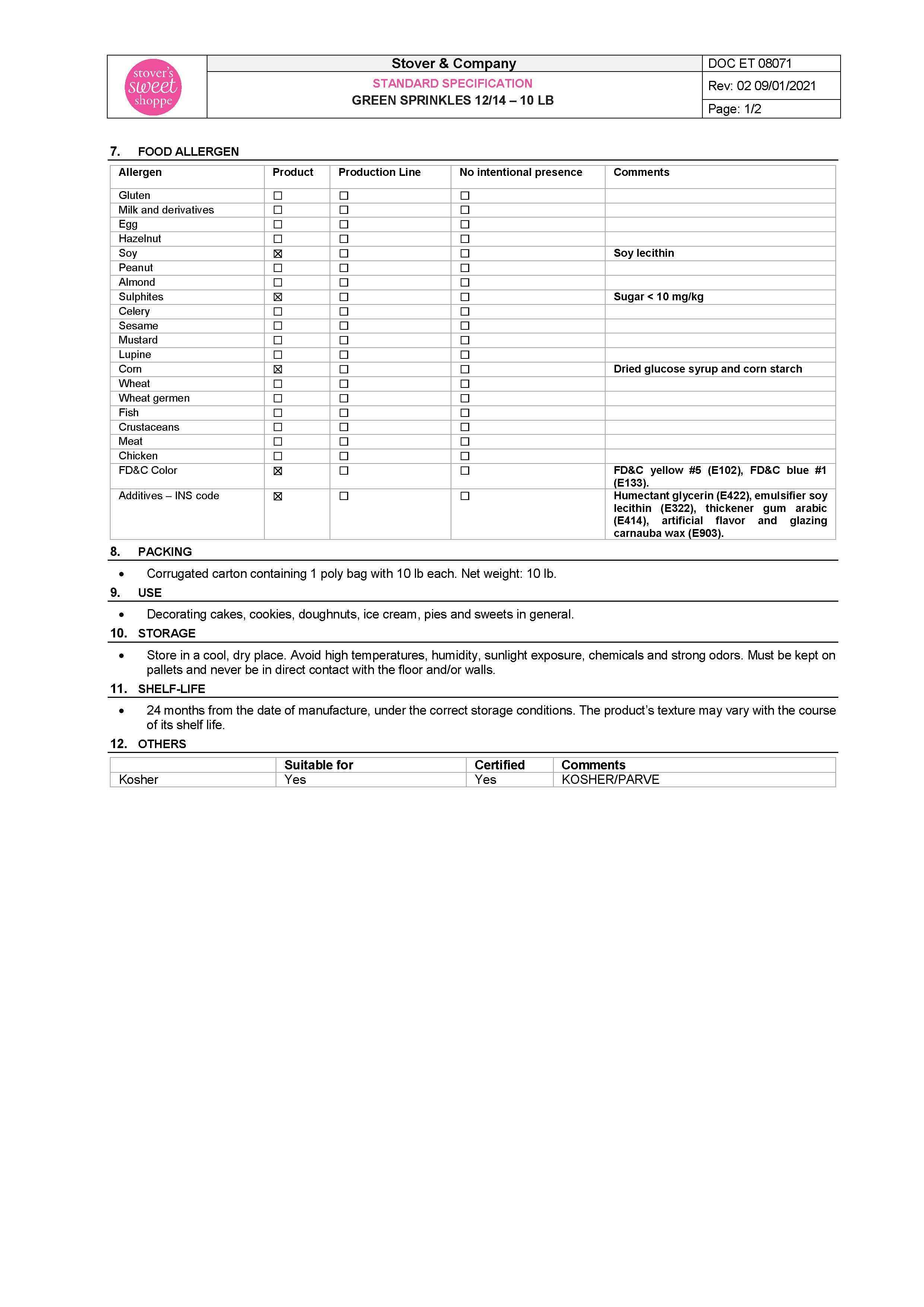 Green Sprinkles Nutritional Info Page 2 by Stover's Sweet Shoppe at Stover & Company