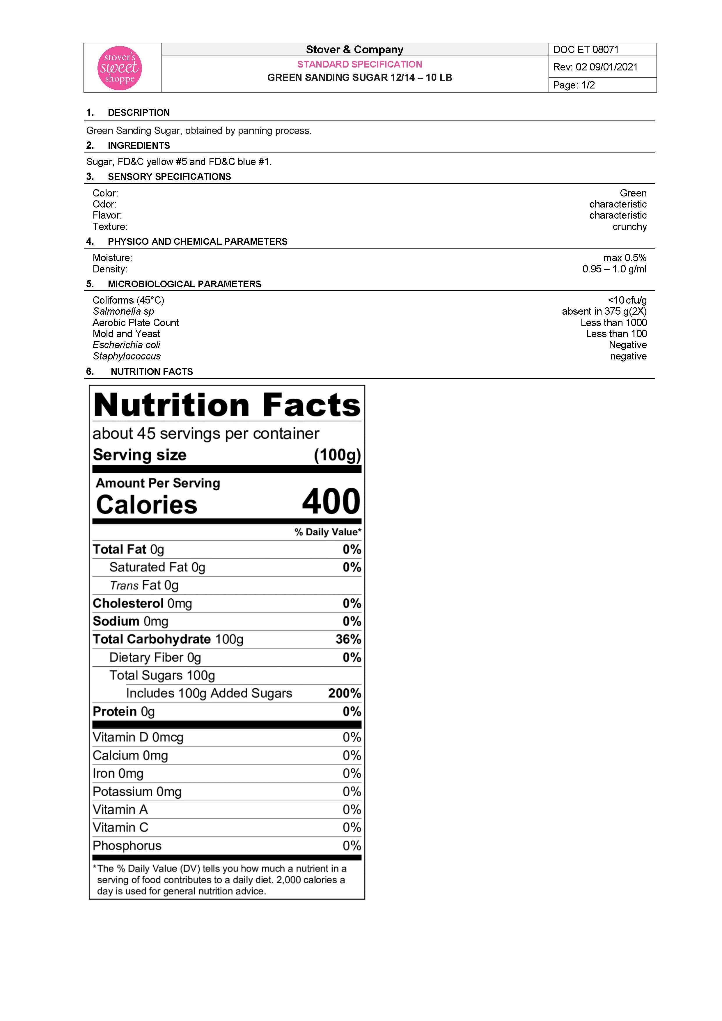 Green Sanding Sugar Nutritional Info Page 1 by Stover's Sweet Shoppe at Stover & Company