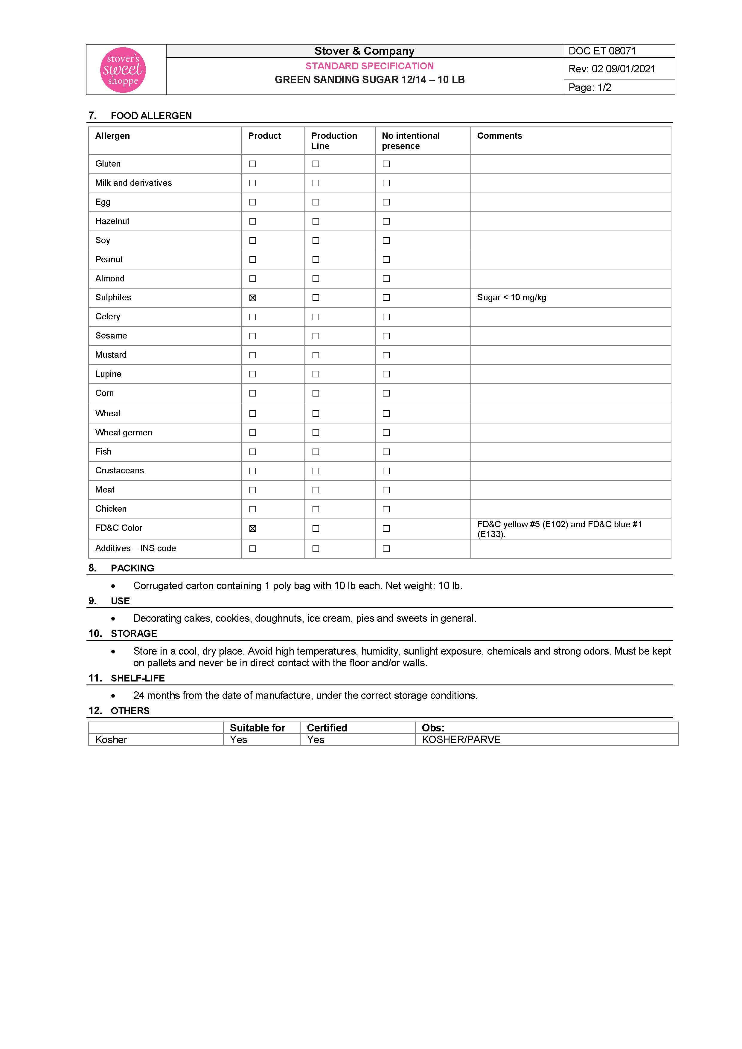 Green Sanding Sugar Nutritional Info Page 2 by Stover's Sweet Shoppe at Stover & Company