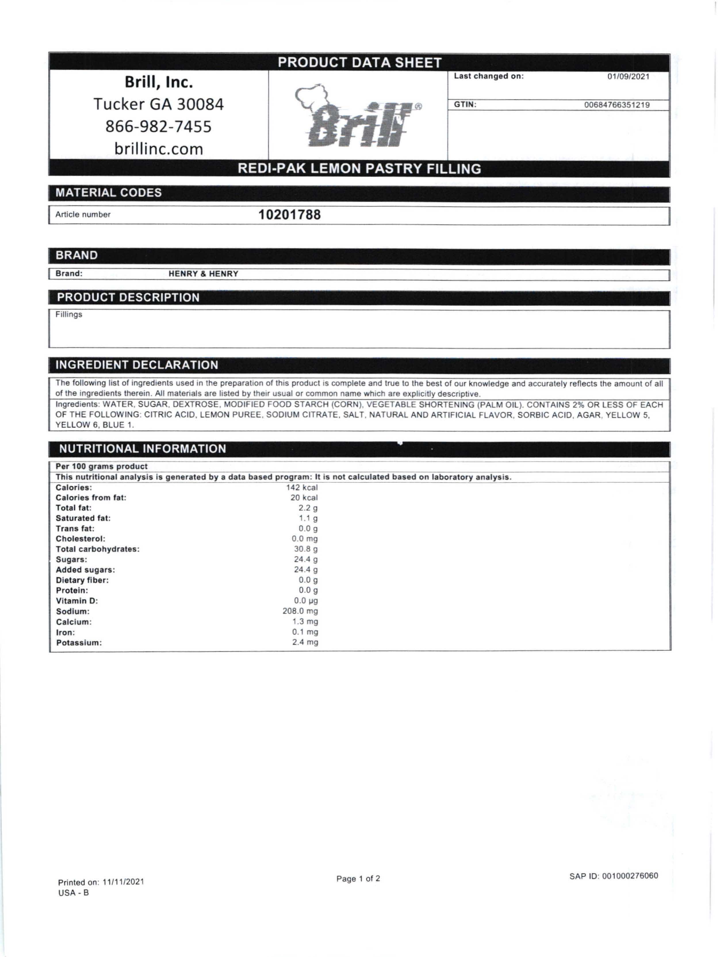 Lemon Redi-Pak Filling Nutritional Info Page 1 by Henry & Henry at Stover & Company