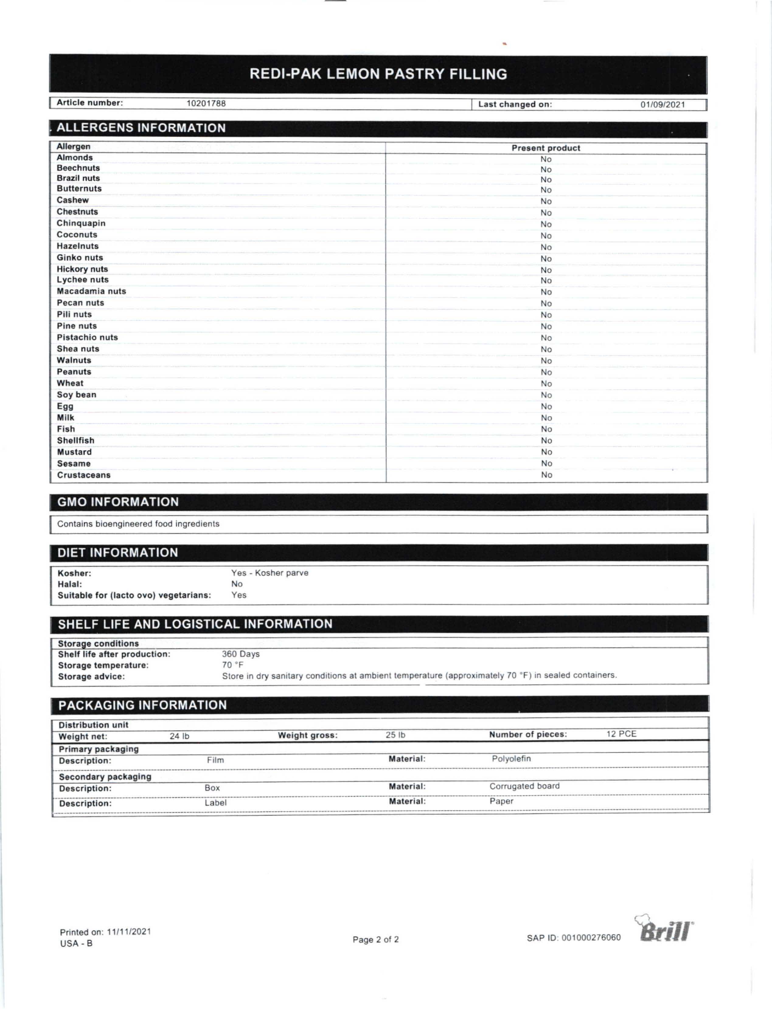 Lemon Redi-Pak Filling Nutritional Info Page 2 by Henry & Henry at Stover & Company