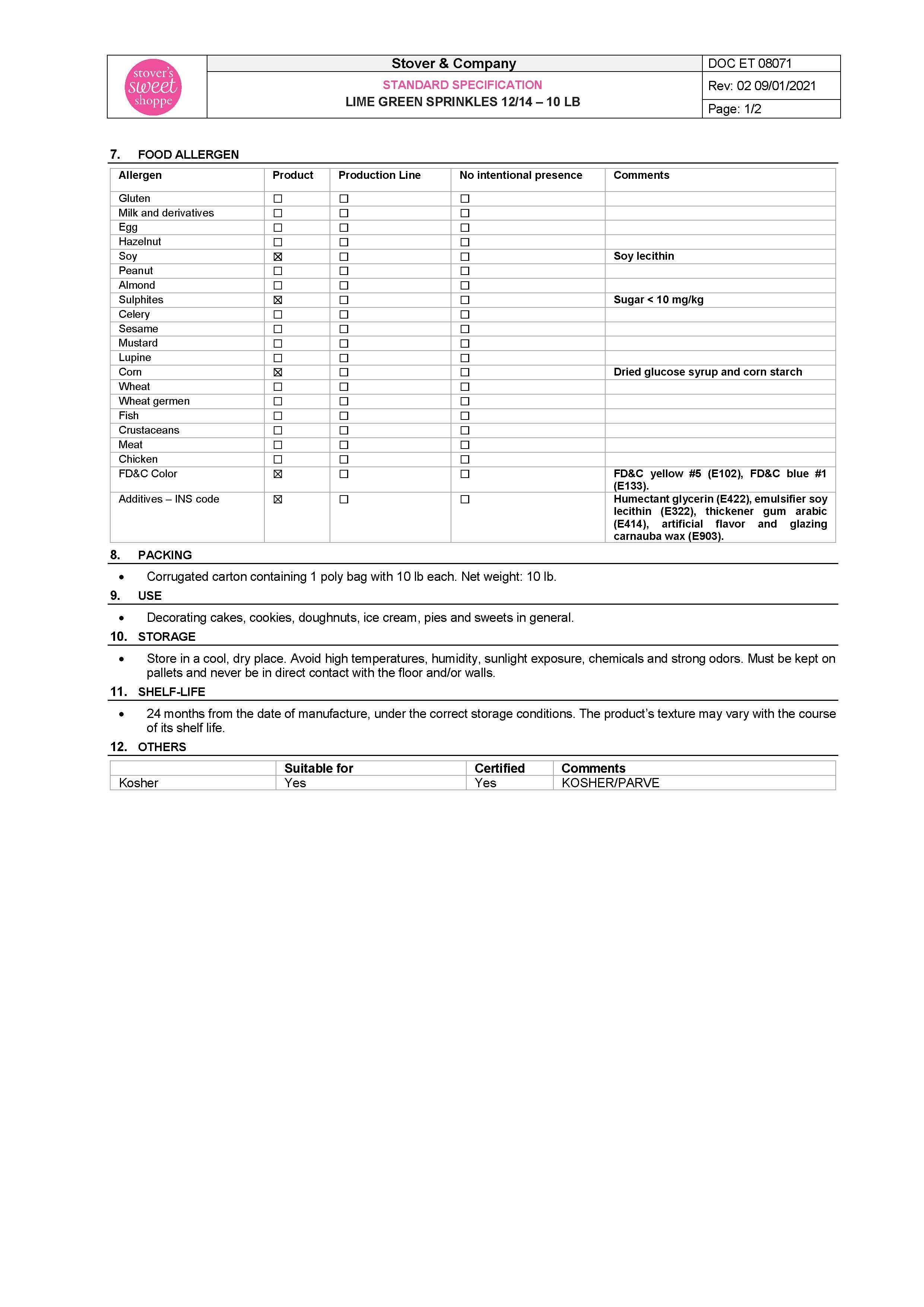 Lime Green Sprinkles Nutritional Info Page 2 by Stover's Sweet Shoppe at Stover & Company