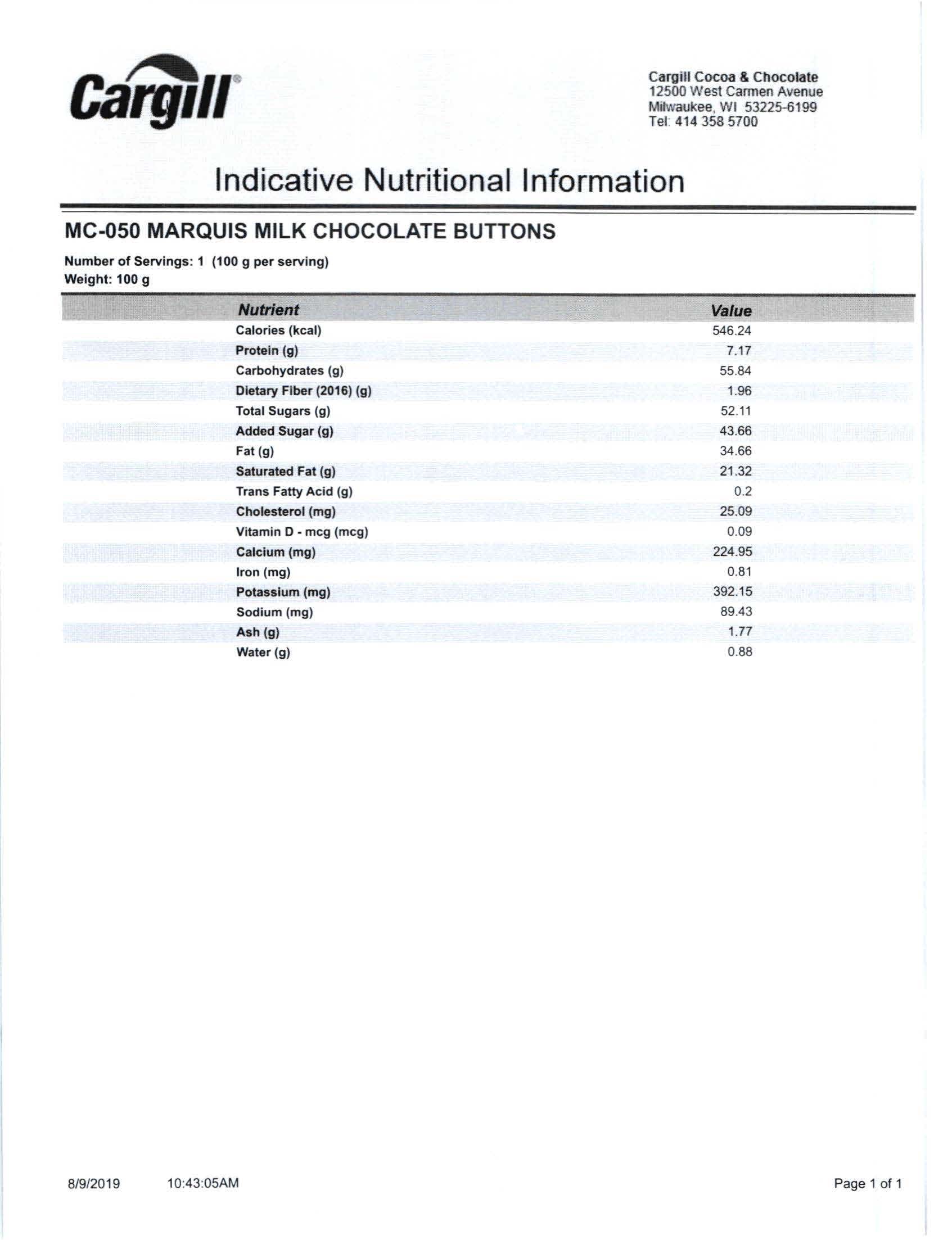 Marquis Milk Chocolate Nutritional Info by Merckens Chocolate at Stover & Company