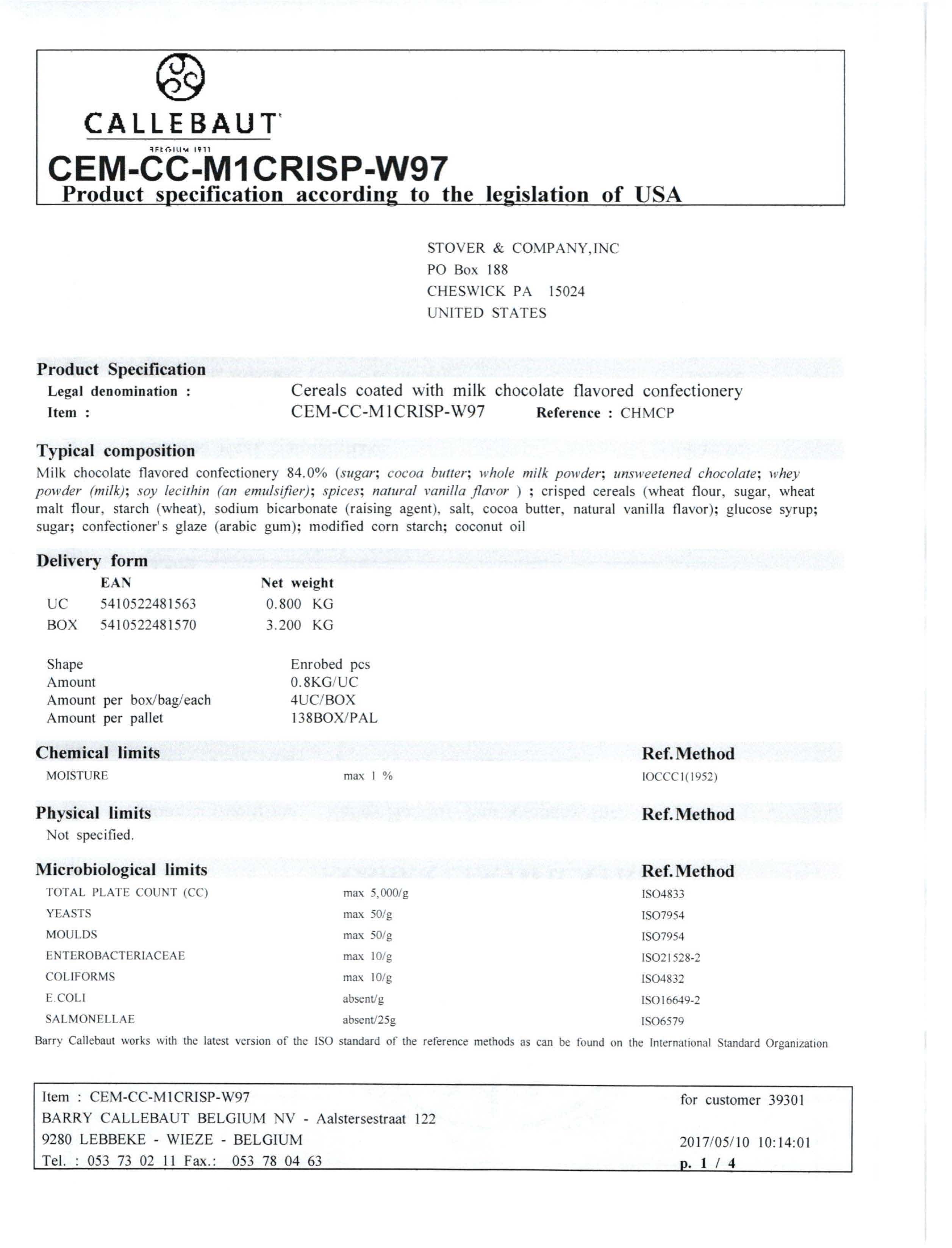 Milk Crispearls Nutritional Info Page 1 by Callebaut at Stover & Company 