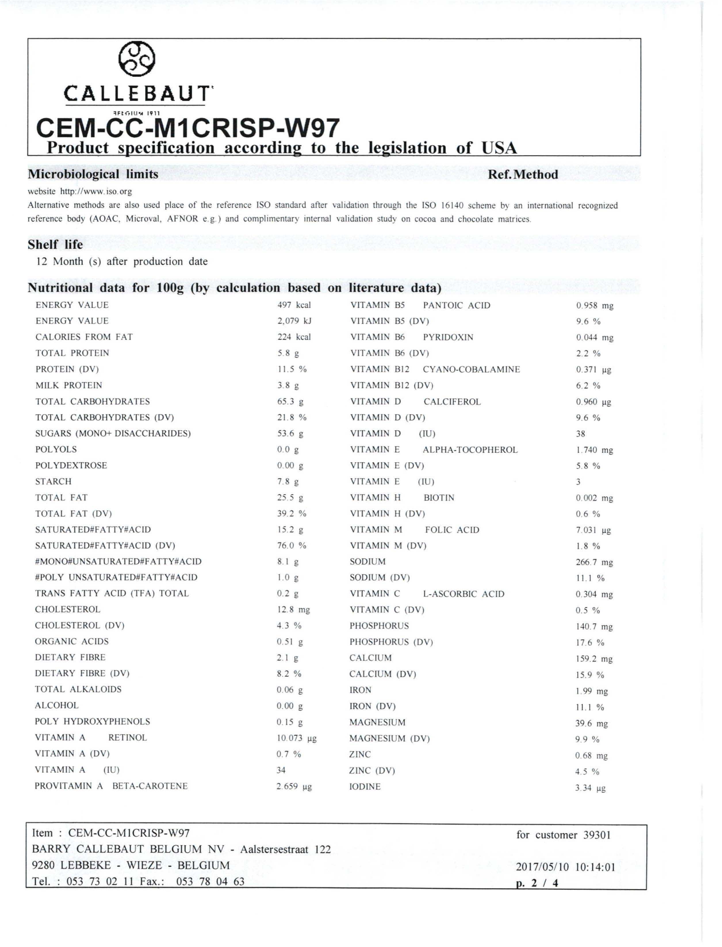 Milk Crispearls Nutritional Info Page 2 by Callebaut at Stover & Company