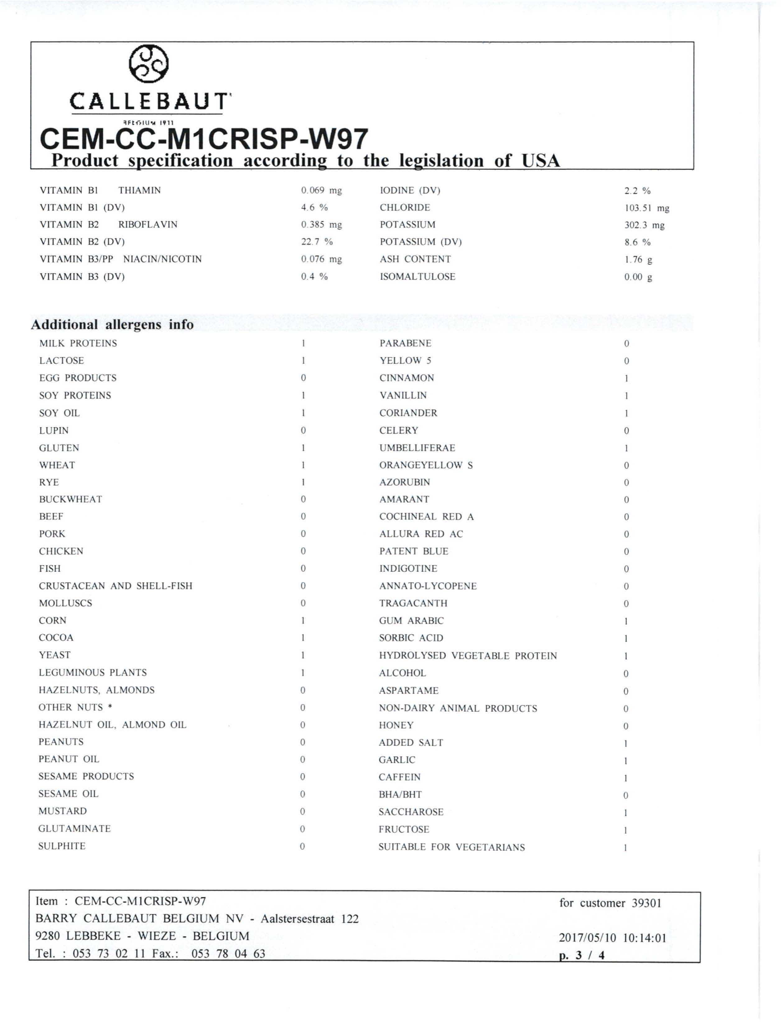 Milk Crispearls Nutritional Info Page 3 by Callebaut at Stover & Company