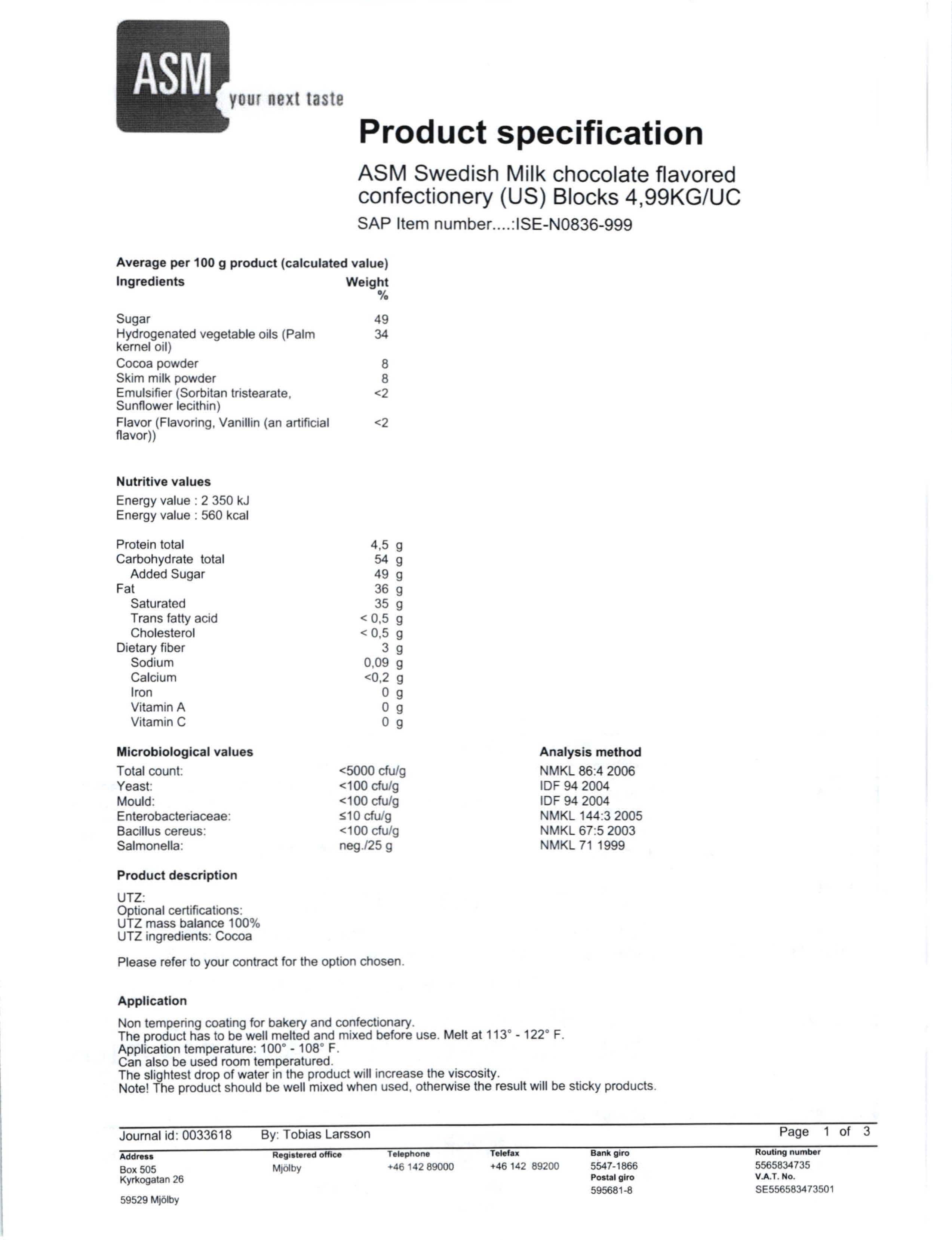 Milk Chocolate Coating Slab Nutritional Info Page 1 by ASM/Semper at Stover & Company