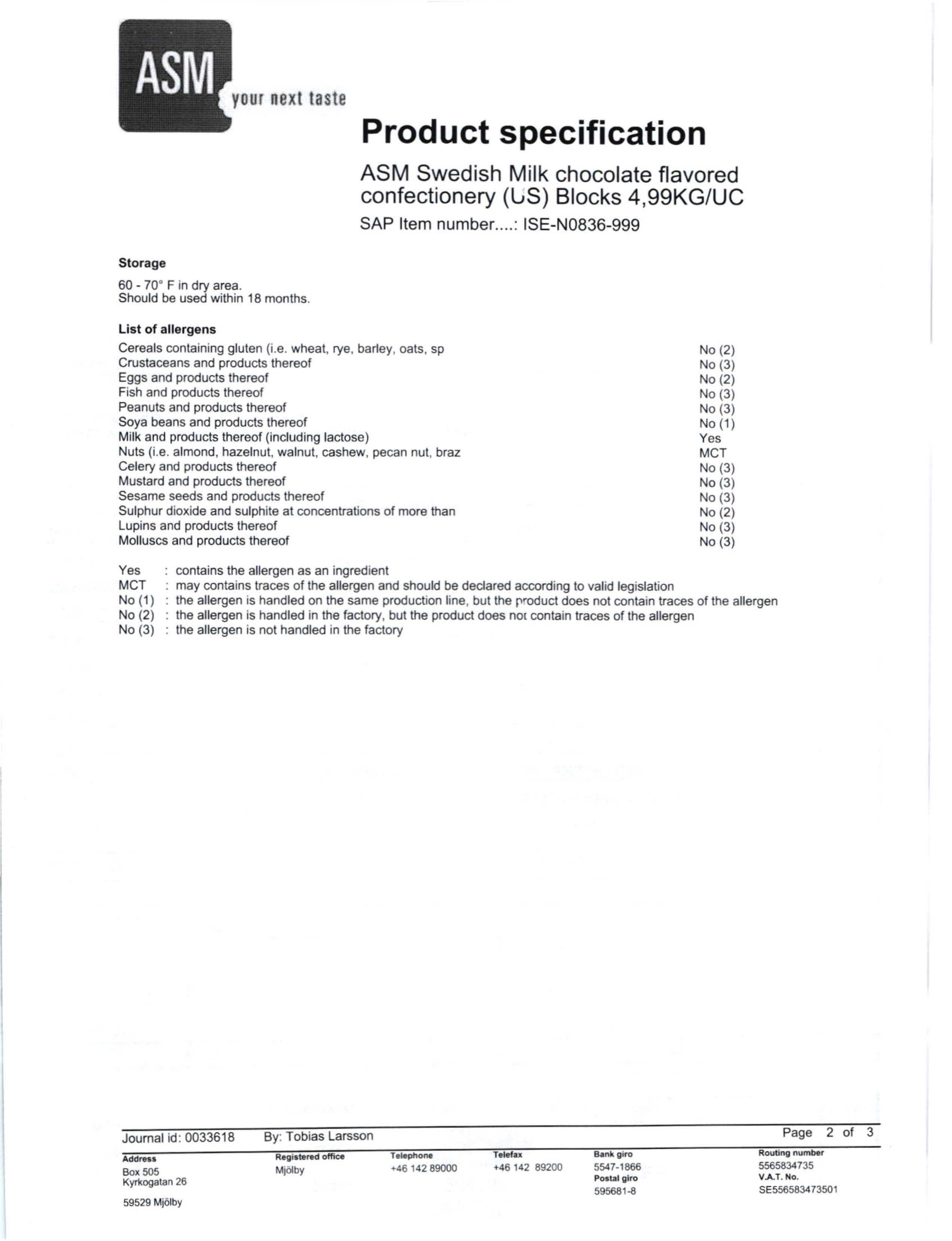 Milk Chocolate Coating Slab Nutritional Info Page 2 by ASM/Semper at Stover & Company