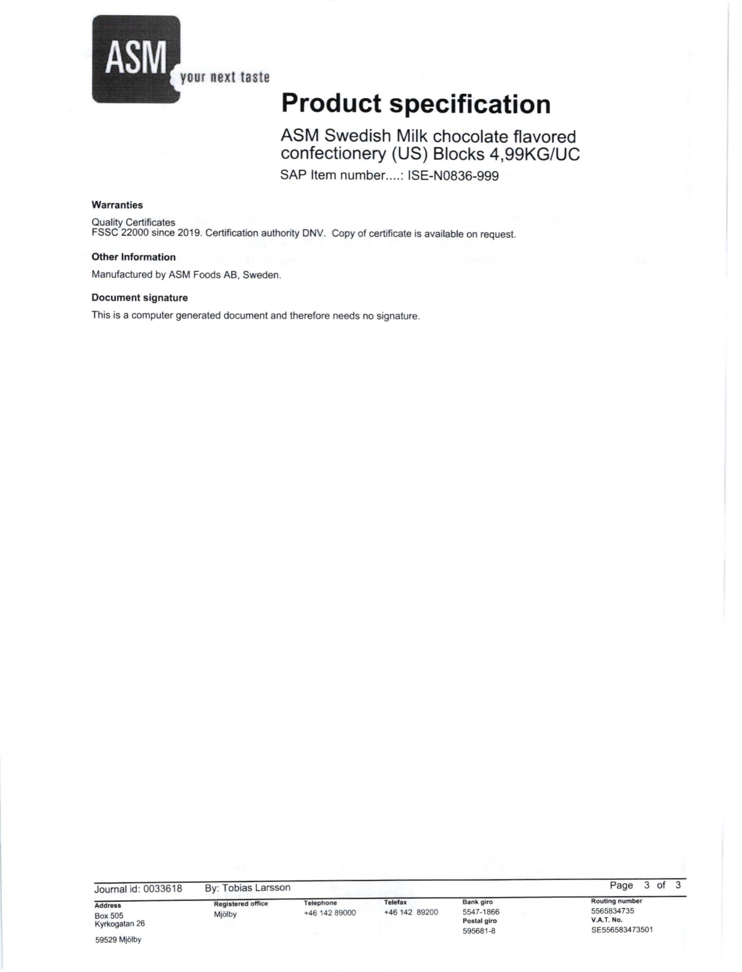 Milk Chocolate Coating Slab Nutritional Info Page 3 by ASM/Semper at Stover & Company