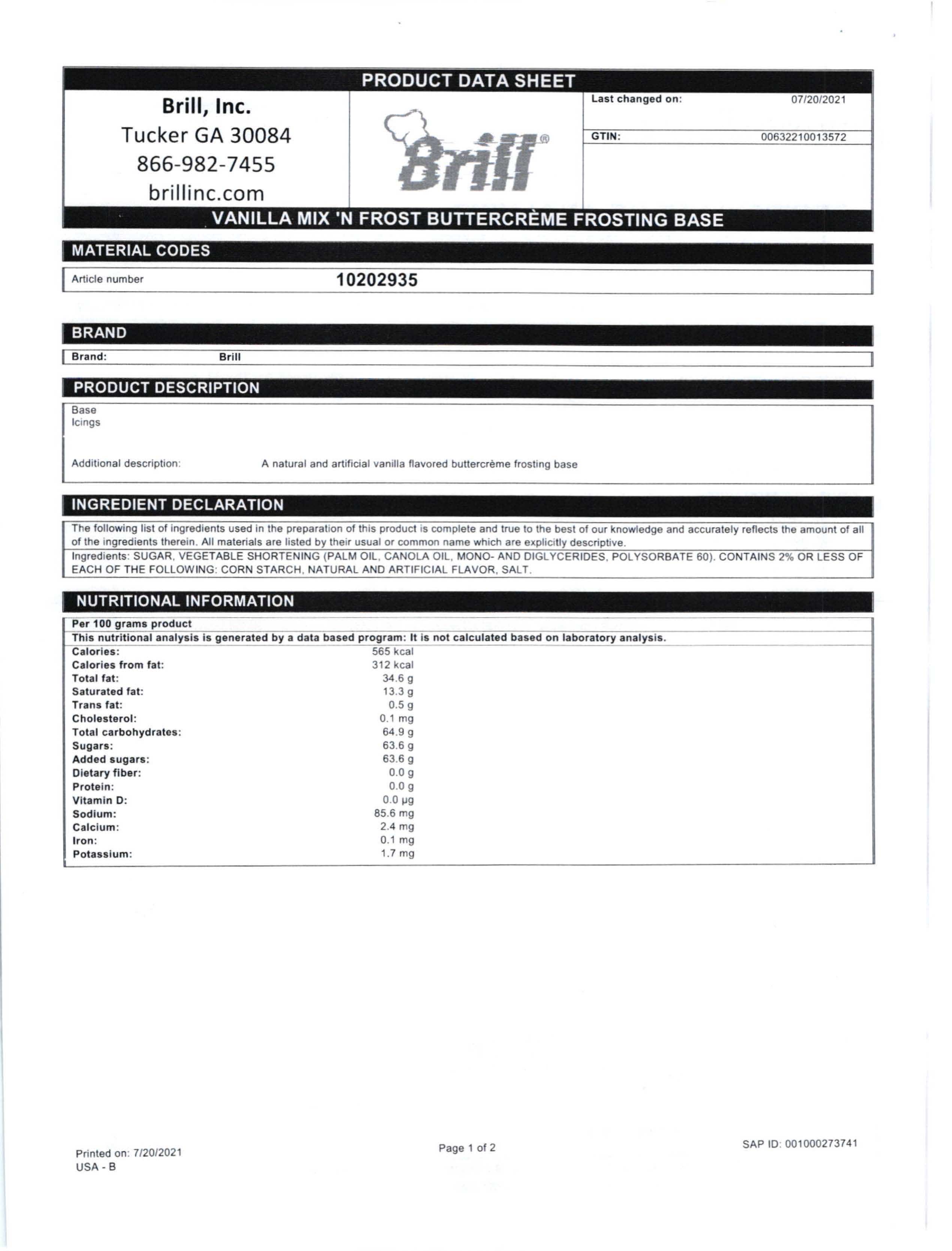 Vanilla Mix n Frost Buttercreme Frosting Base Nutritional Info Page 1 by Brill at Stover & Company