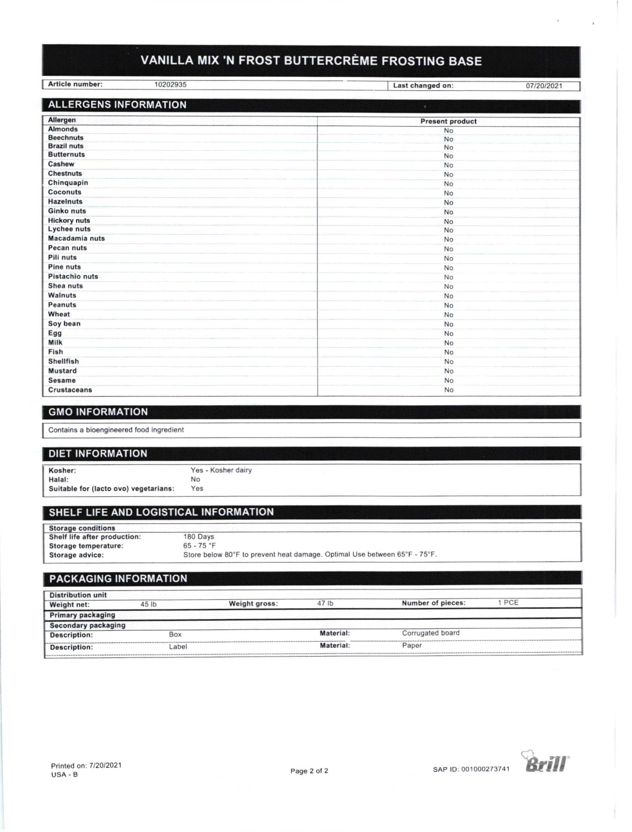 Vanilla Mix n Frost Buttercreme Frosting Base Nutritional Info Page 2 by Brill at Stover & Company