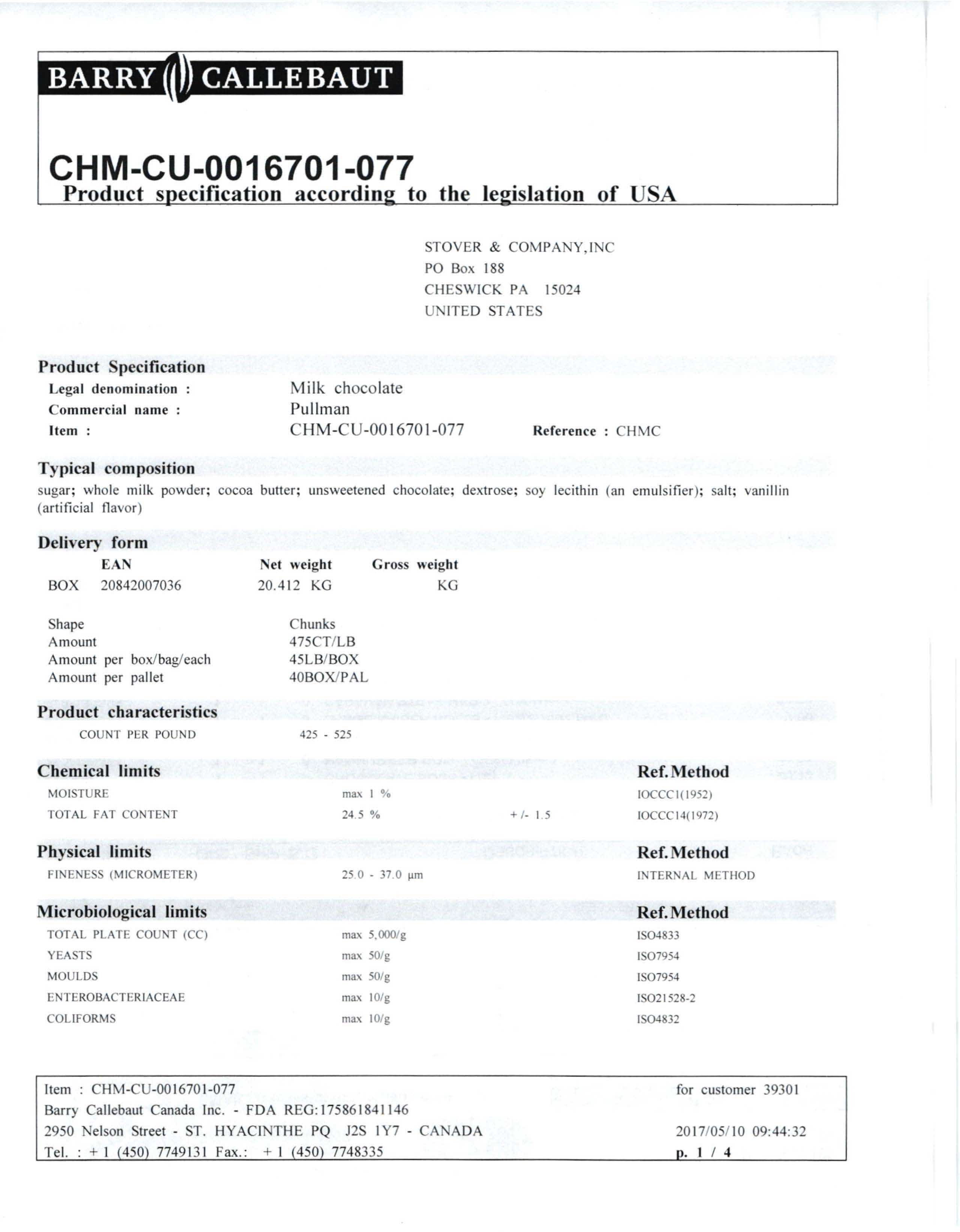 Milk Chocolate Chunks Nutritional Info Page 1 by Barry Callebaut at Stover & Company