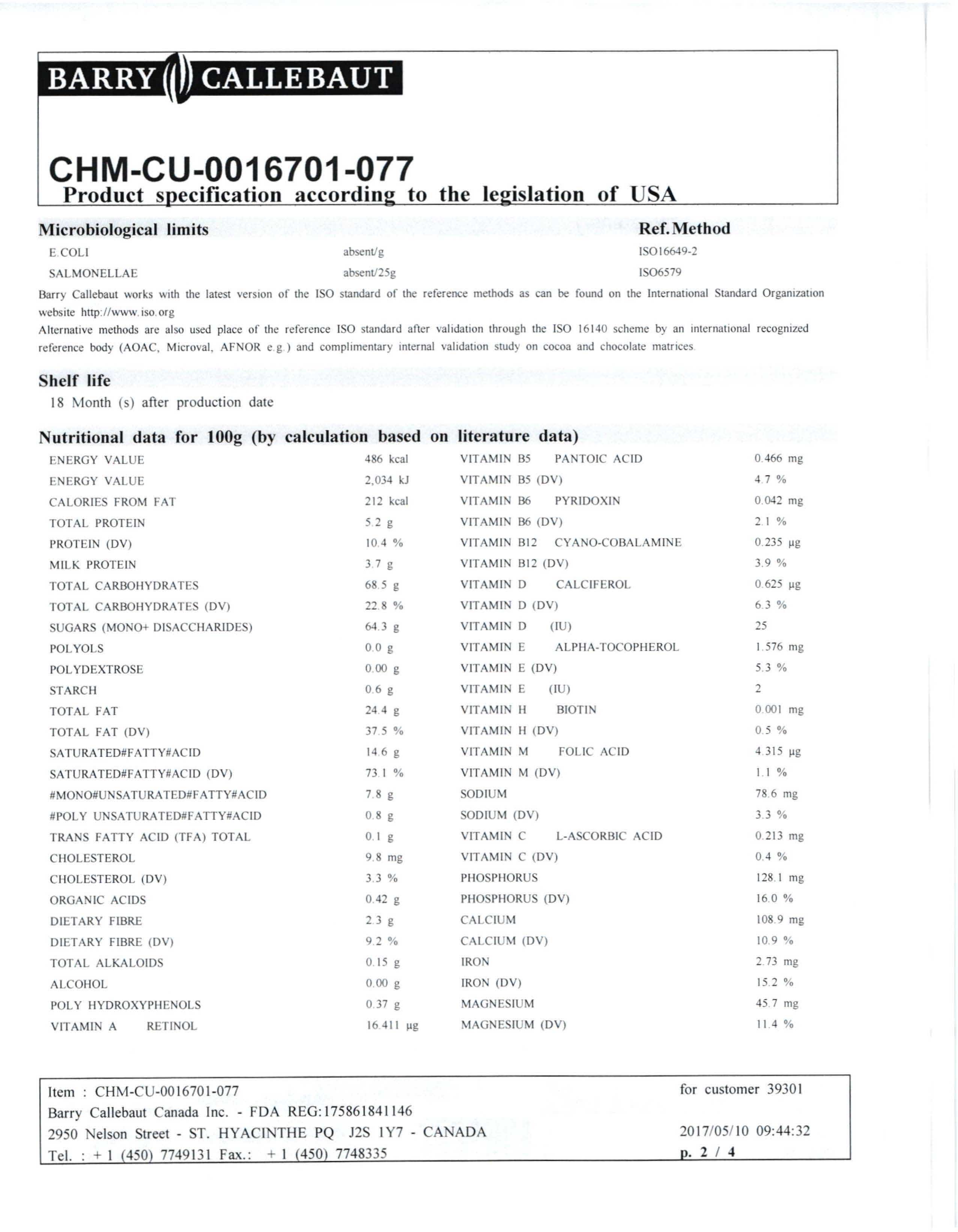 Milk Chocolate Chunks Nutritional Info Page 2 by Barry Callebaut at Stover & Company