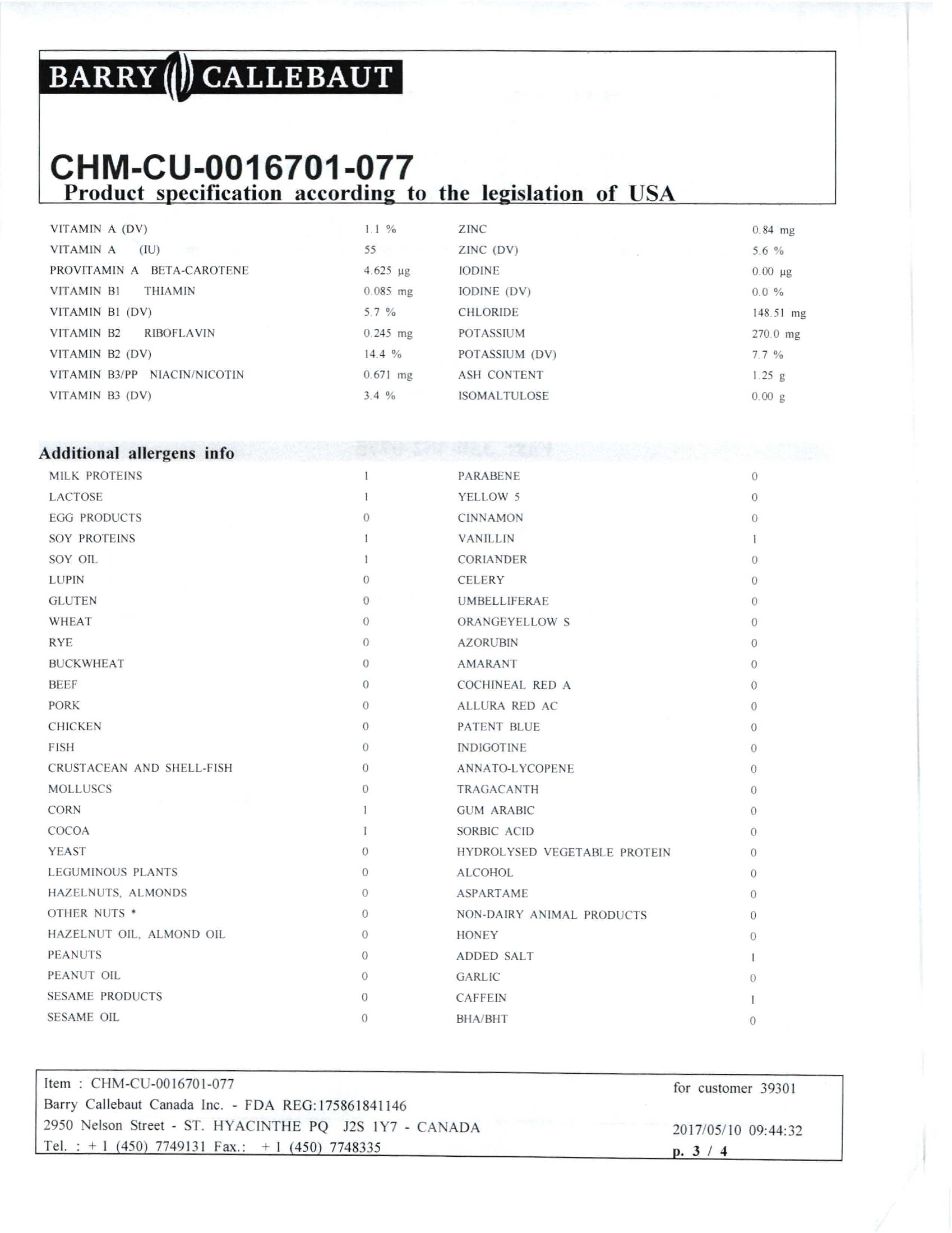 Milk Chocolate Chunks Nutritional Info Page 3 by Barry Callebaut at Stover & Company