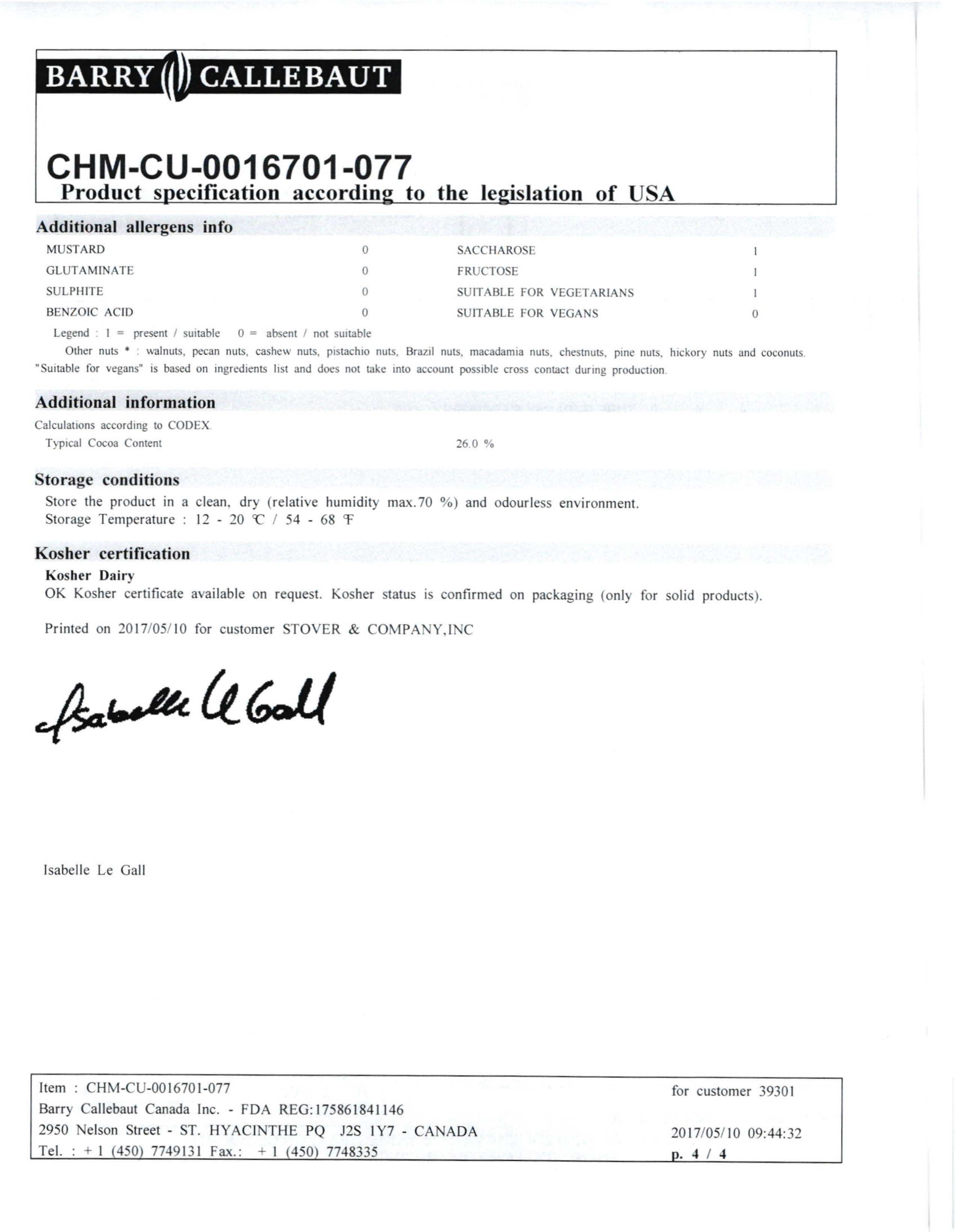 Milk Chocolate Chunks Nutritional Info Page 4 by Barry Callebaut at Stover & Company