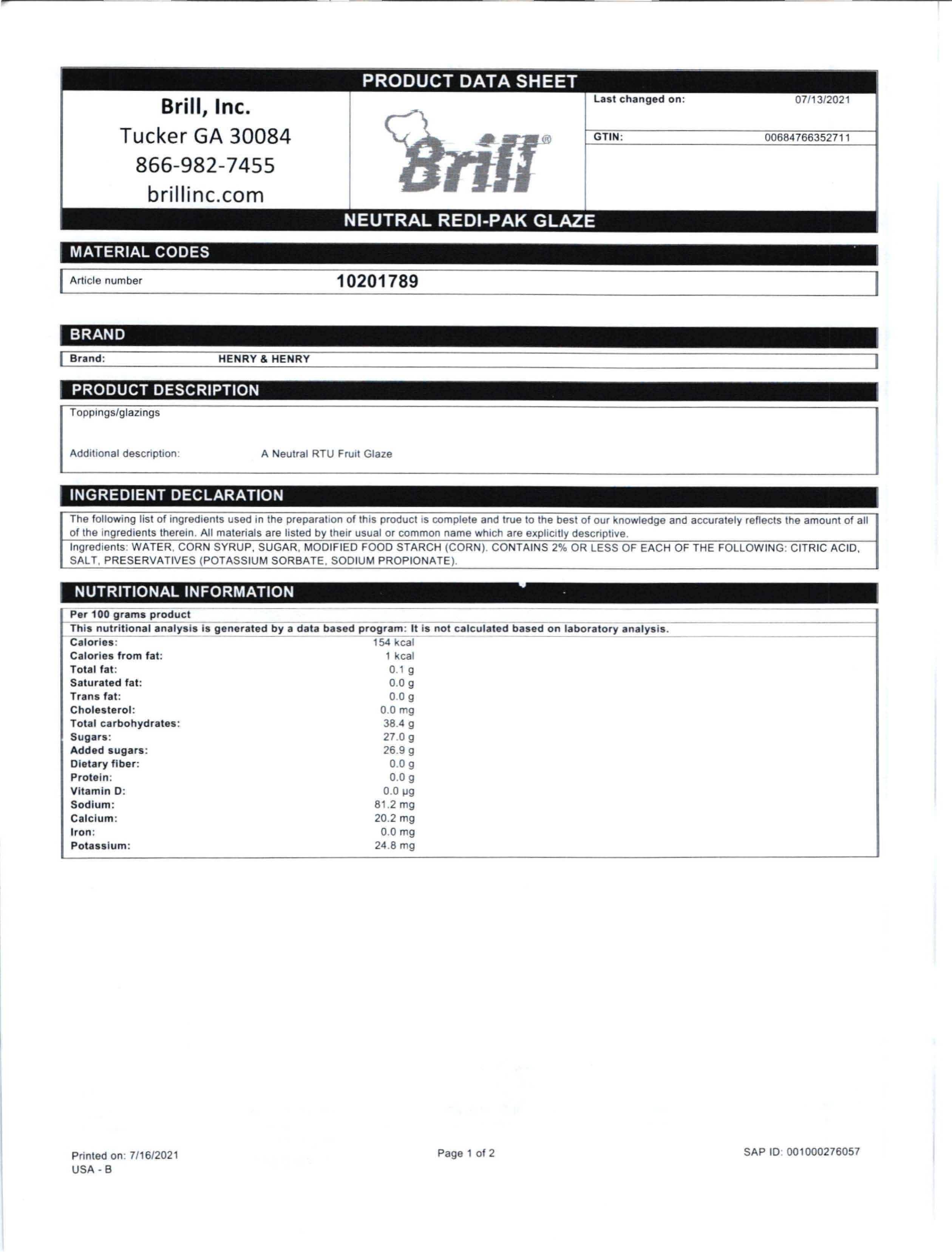 Neutral Glaze Redi-Pak Nutritional Info Page 1 by Henry & Henry at Stover & Company