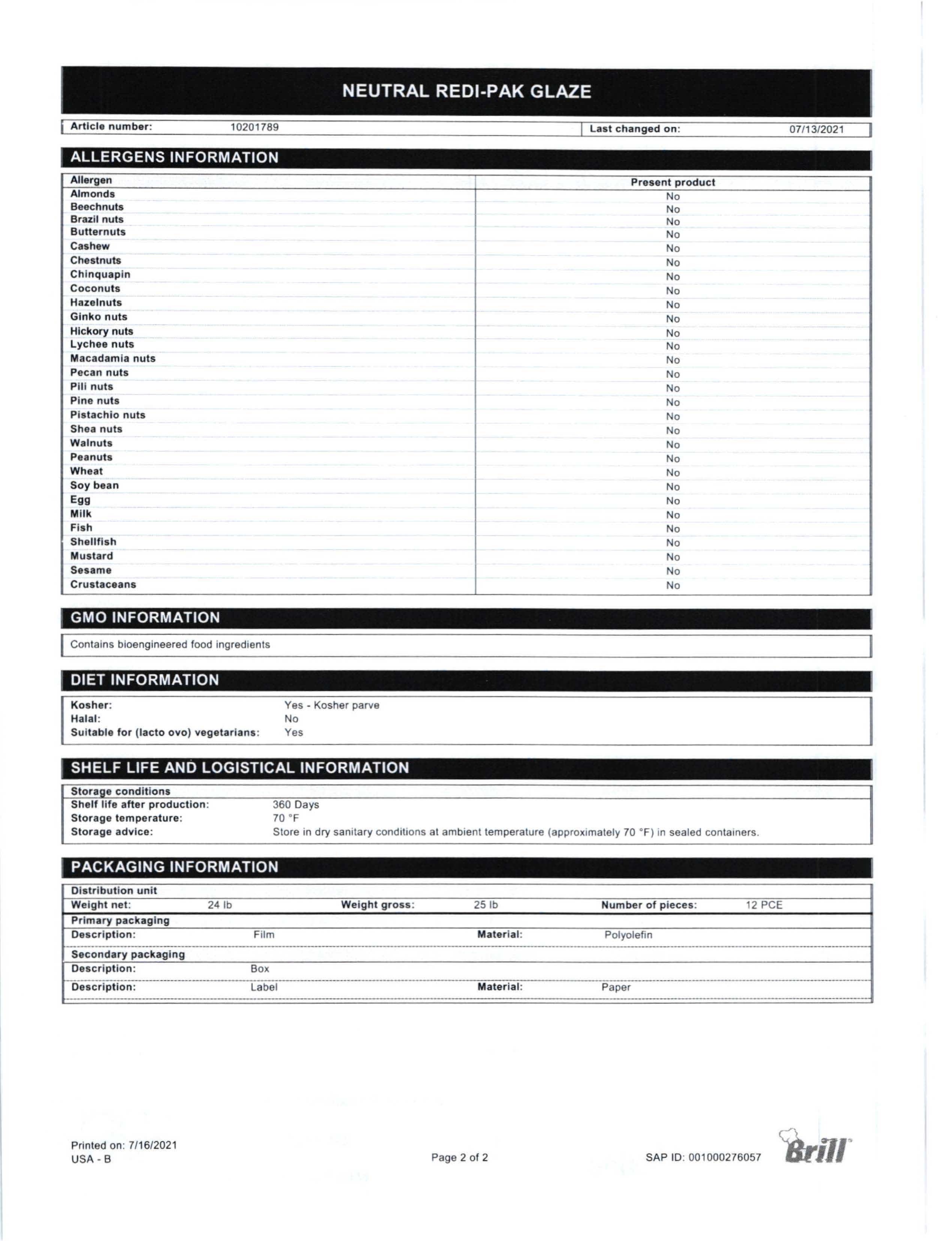 Neutral Glaze Redi-Pak Nutritional Info Page 2 by Henry & Henry at Stover & Company