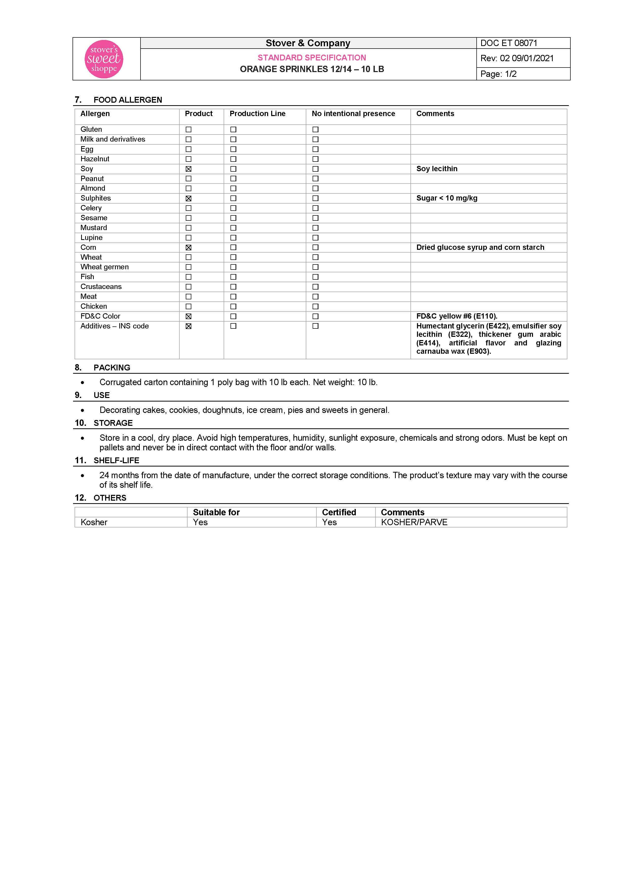 Orange Sprinkles Nutritional Info Page 2  by Stover's Sweet Shoppe at Stover & Company 