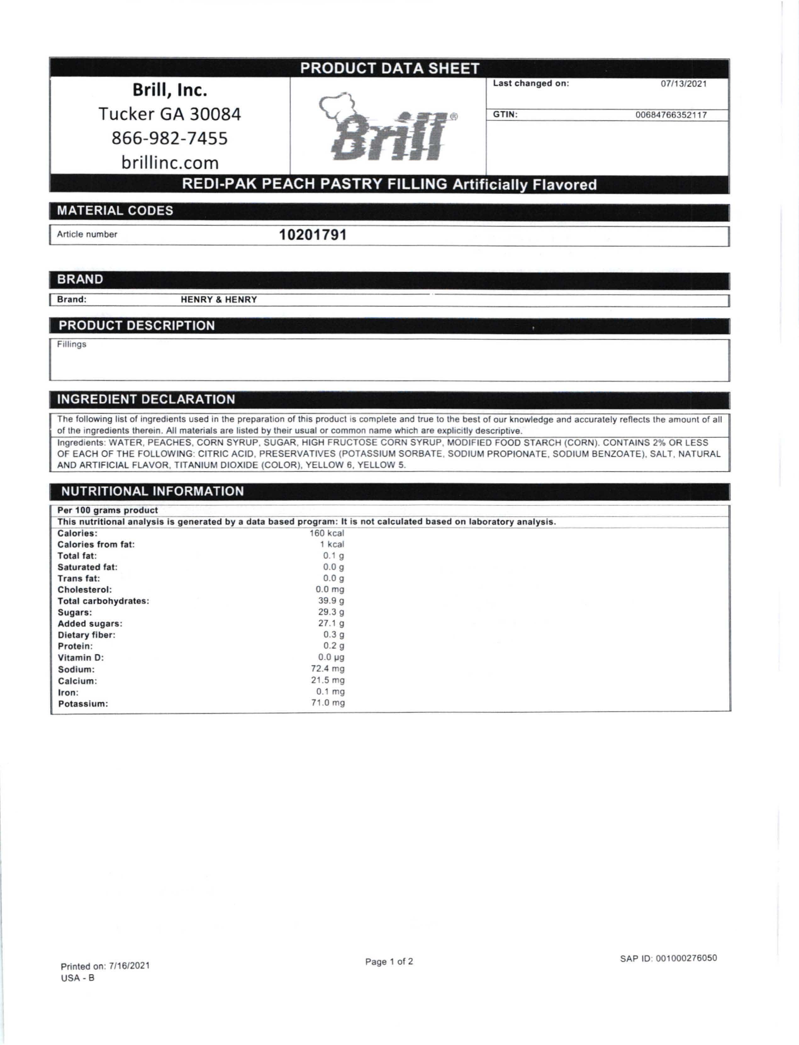 Peach Redi-Pak Filling Nutritional Info Page 1 by Henry & Henry at Stover & Company