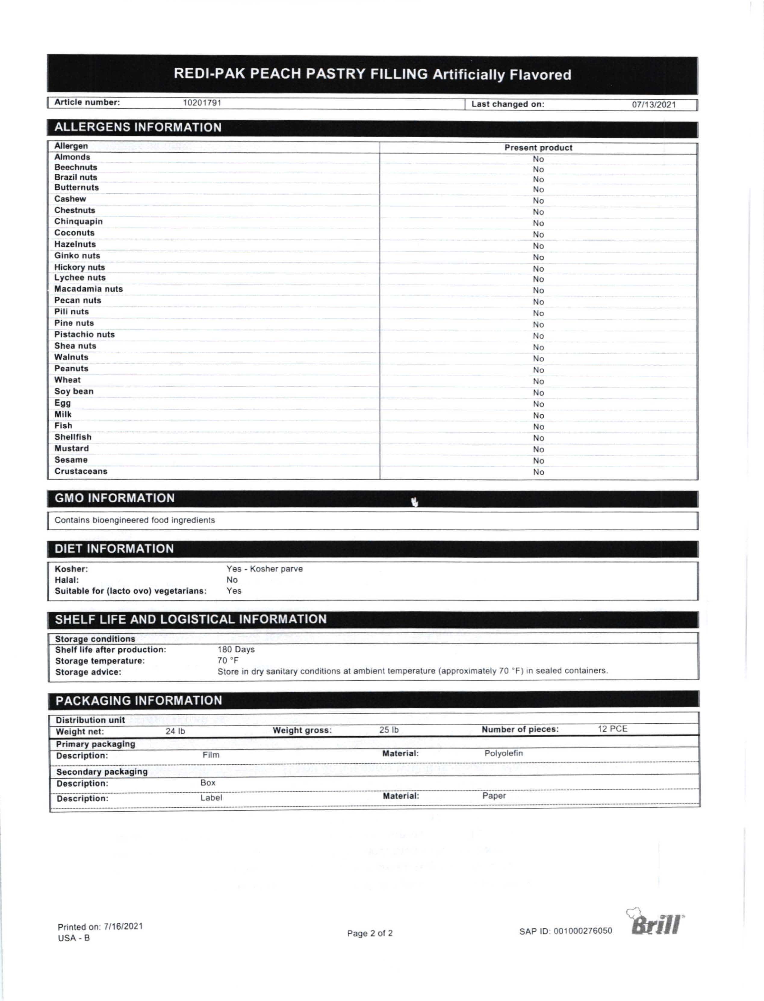 Peach Redi-Pak Filling Nutritional Info Page 2 by Henry & Henry at Stover & Company