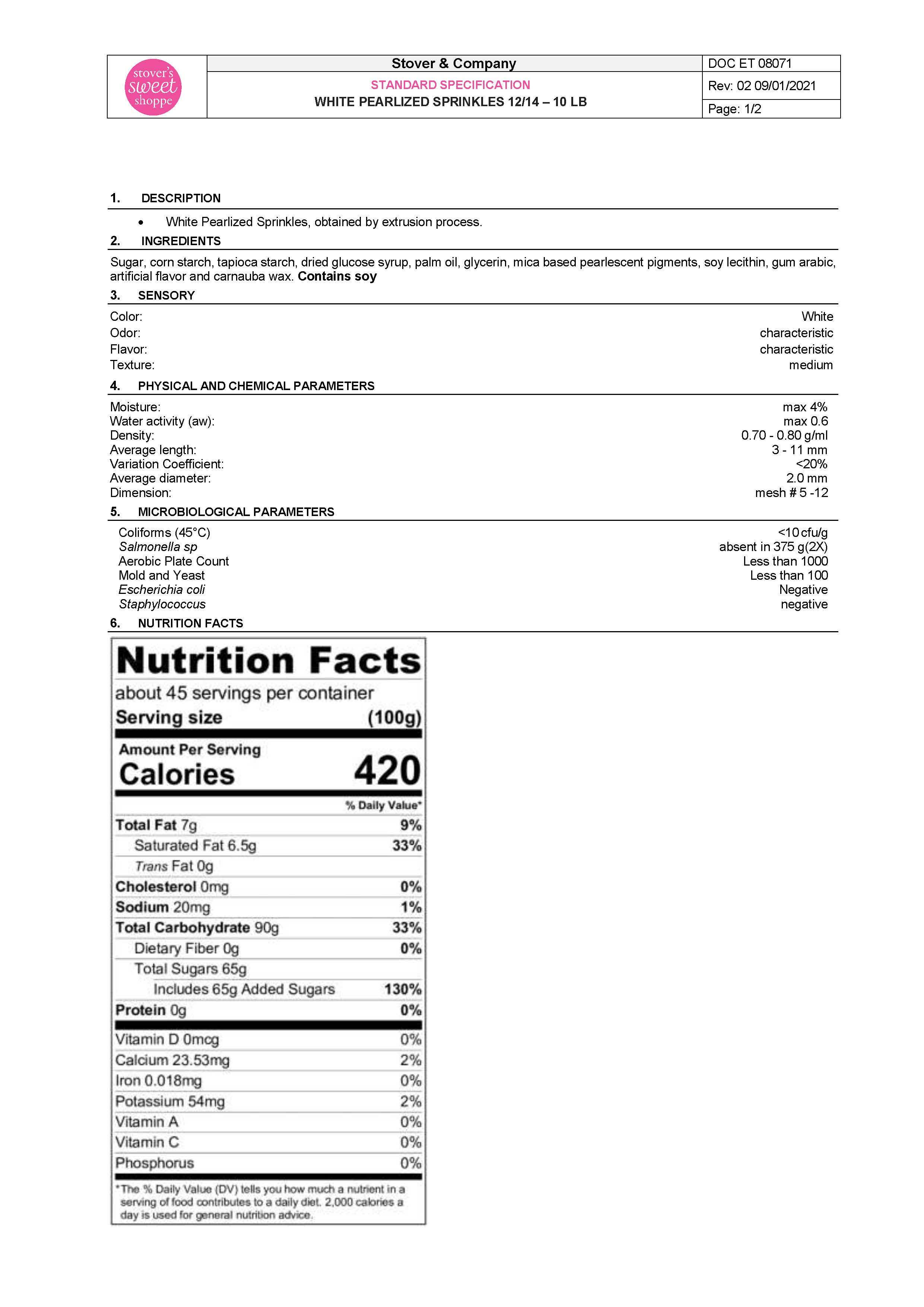 White Pearlized Sprinkles Nutritional Info Page 1 by Stover's Sweet Shoppe at Stover & Company