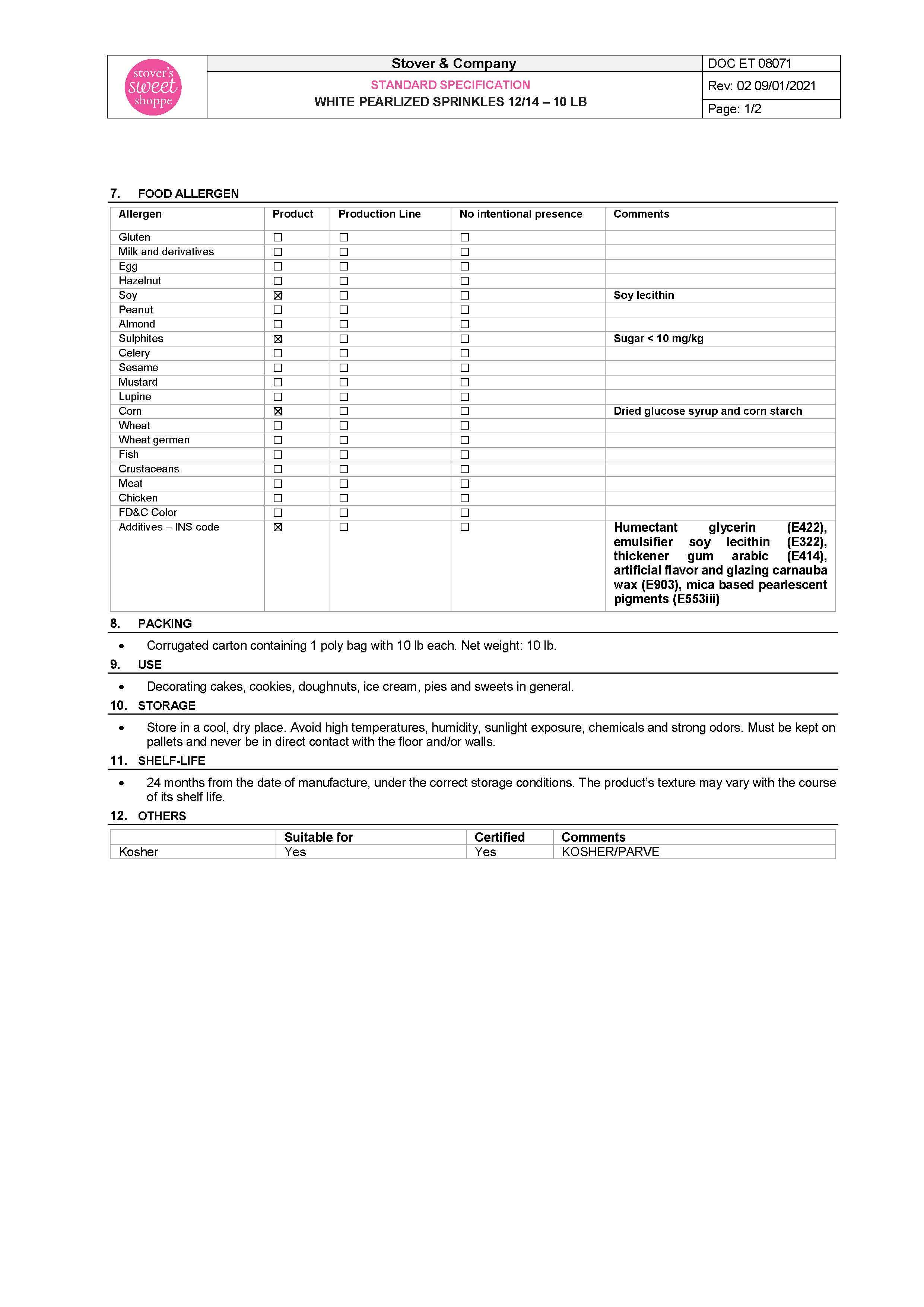 White Pearlized Sprinkles Nutritional Info Page 2 by Stover's Sweet Shoppe at Stover & Company