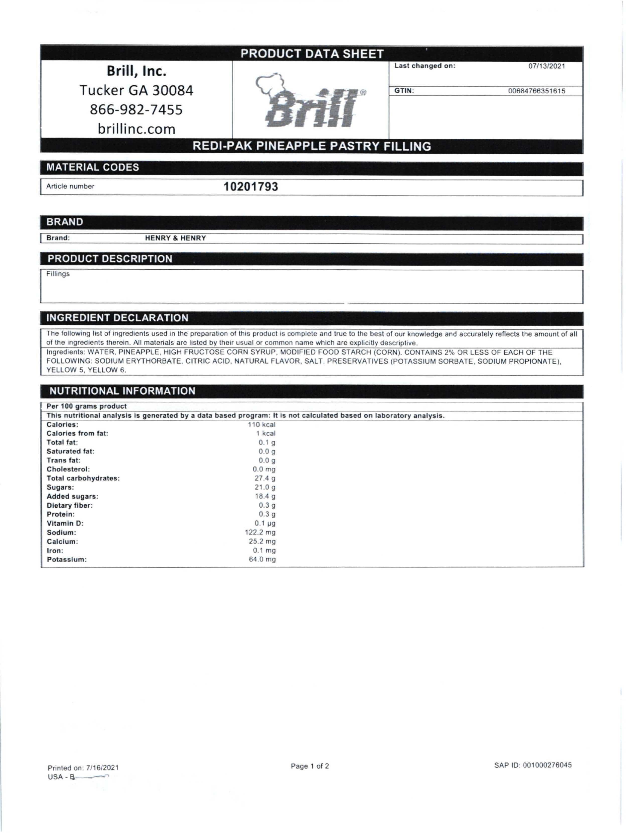 Pineapple Redi-Pak Filling Nutritional Info Page 1 by Henry & Henry at Stover & Company