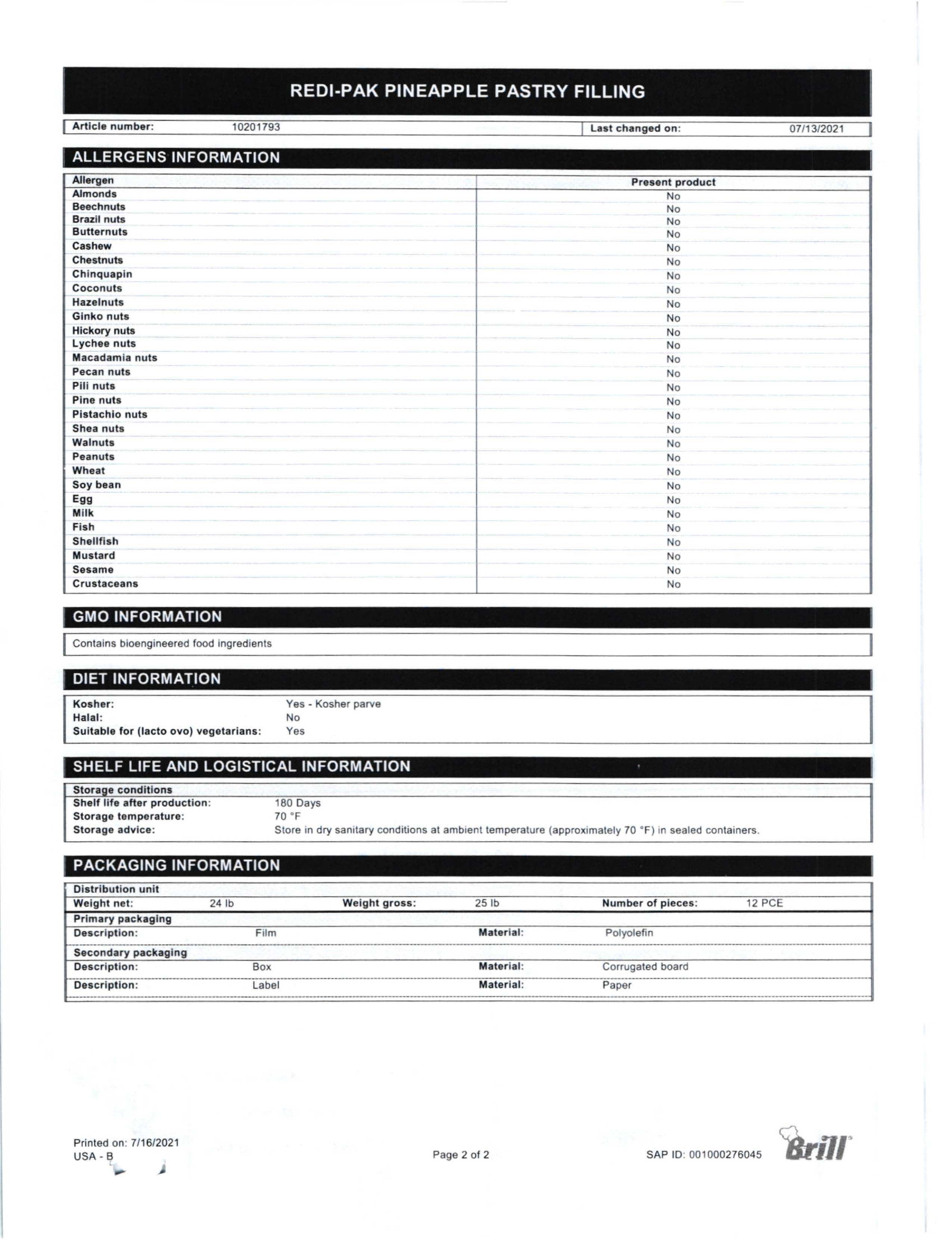 Pineapple Redi-Pak Nutritional Info Page 2 by Henry & Henry at Stover & Company