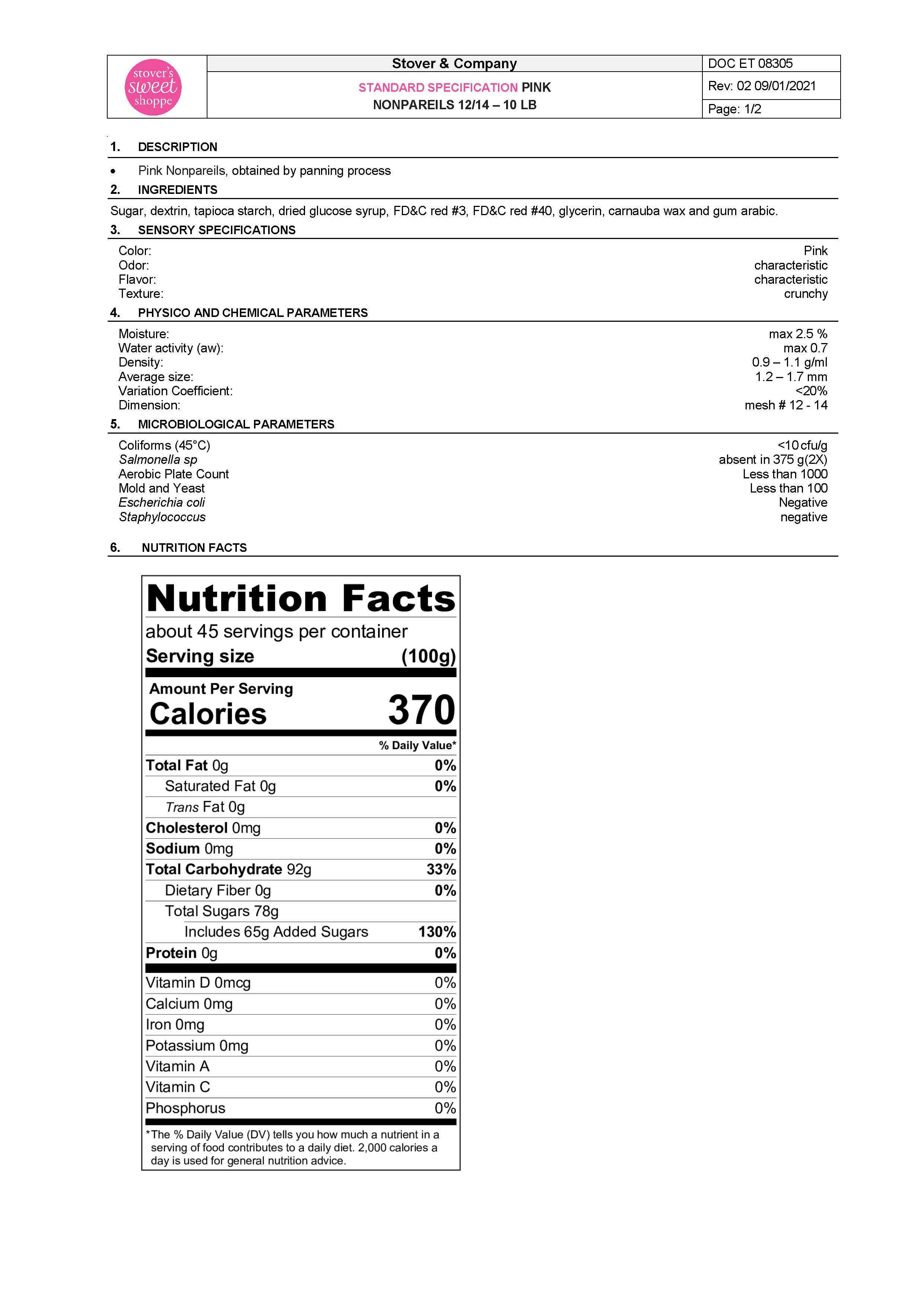 Pink Nonpareils Nutritional Info Page 1 by Stover's Sweet Shoppe at Stover & Company