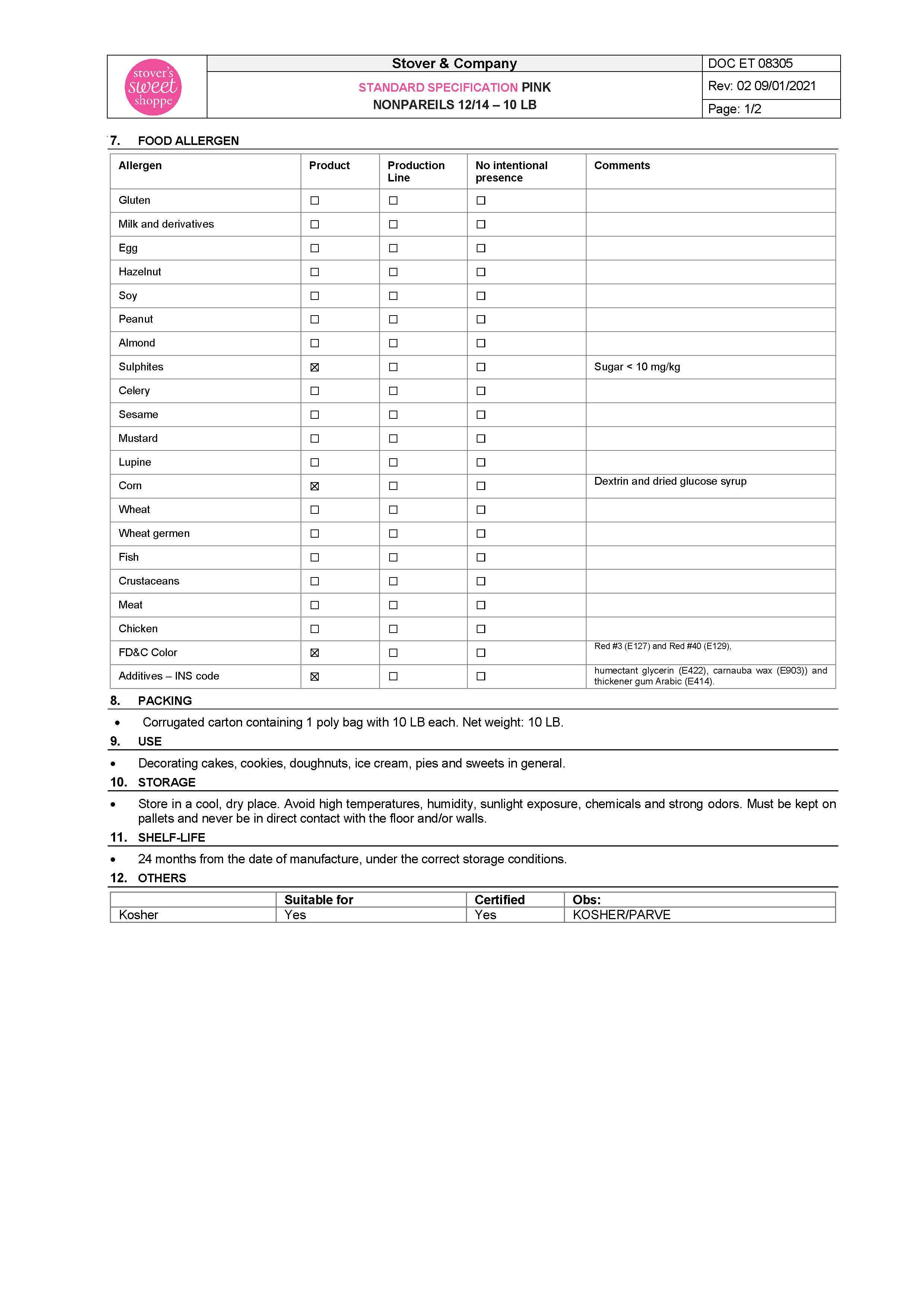 Pink Nonpareils Nutritional Info Page 2 by Stover's Sweet Shoppe at Stover & Company