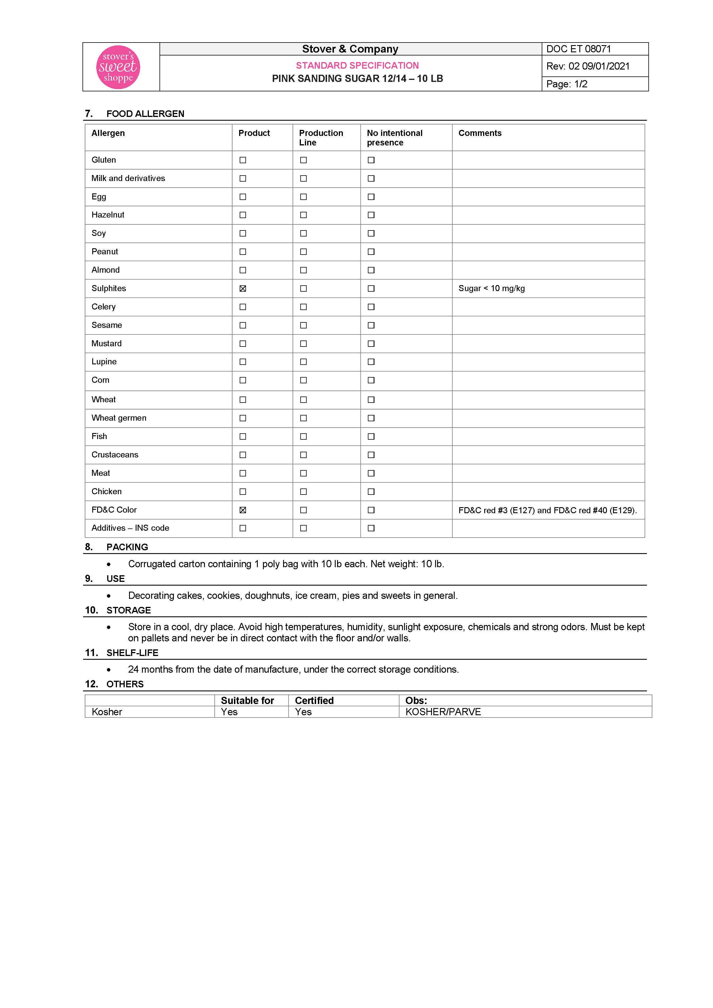 Pink Sanding Sugar Nutritional Info Page 2 by Stover's Sweet Shoppe at Stover & Company