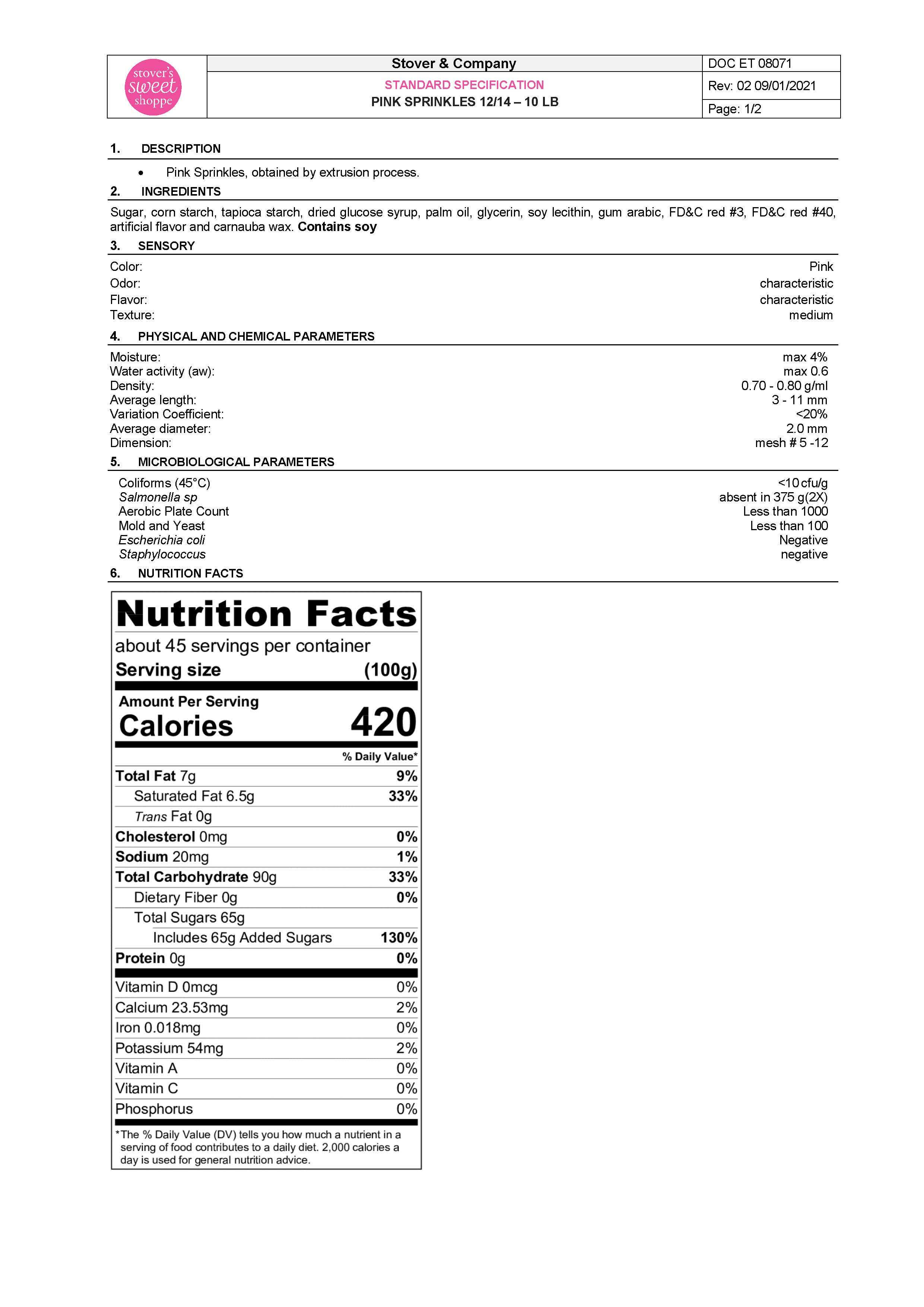 Pink Sprinkles Nutritional Info Page 1 by Stover's Sweet Shoppe at Stover & Company