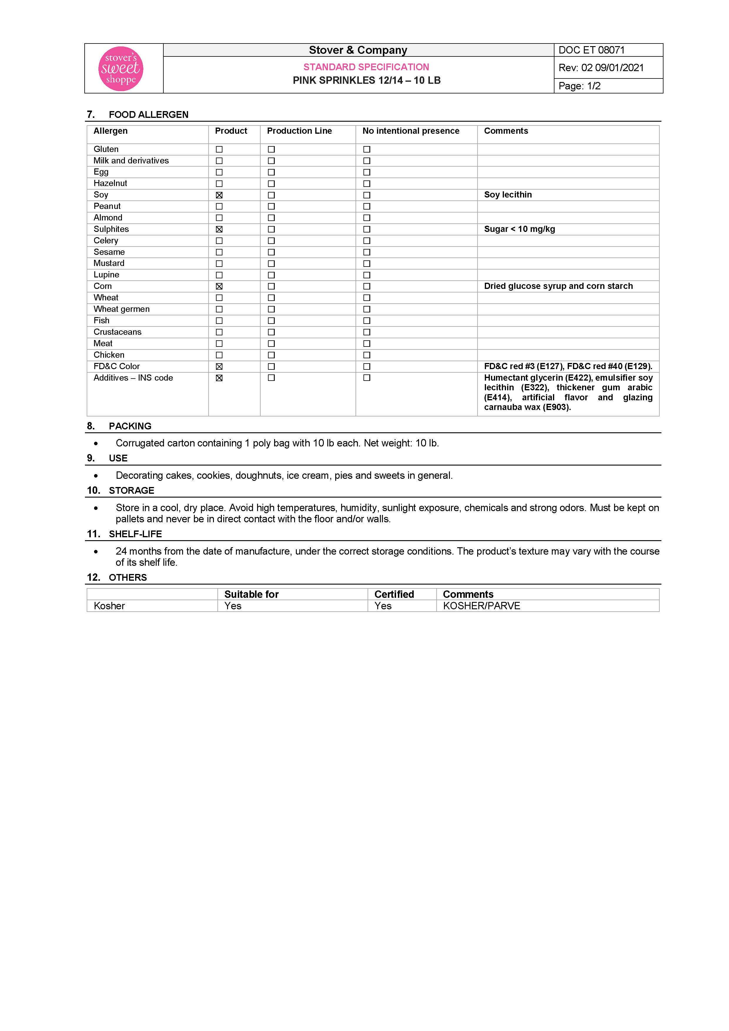 Pink Sprinkles Nutritional Info Page 2 by Stover's Sweet Shoppe at Stover & Company