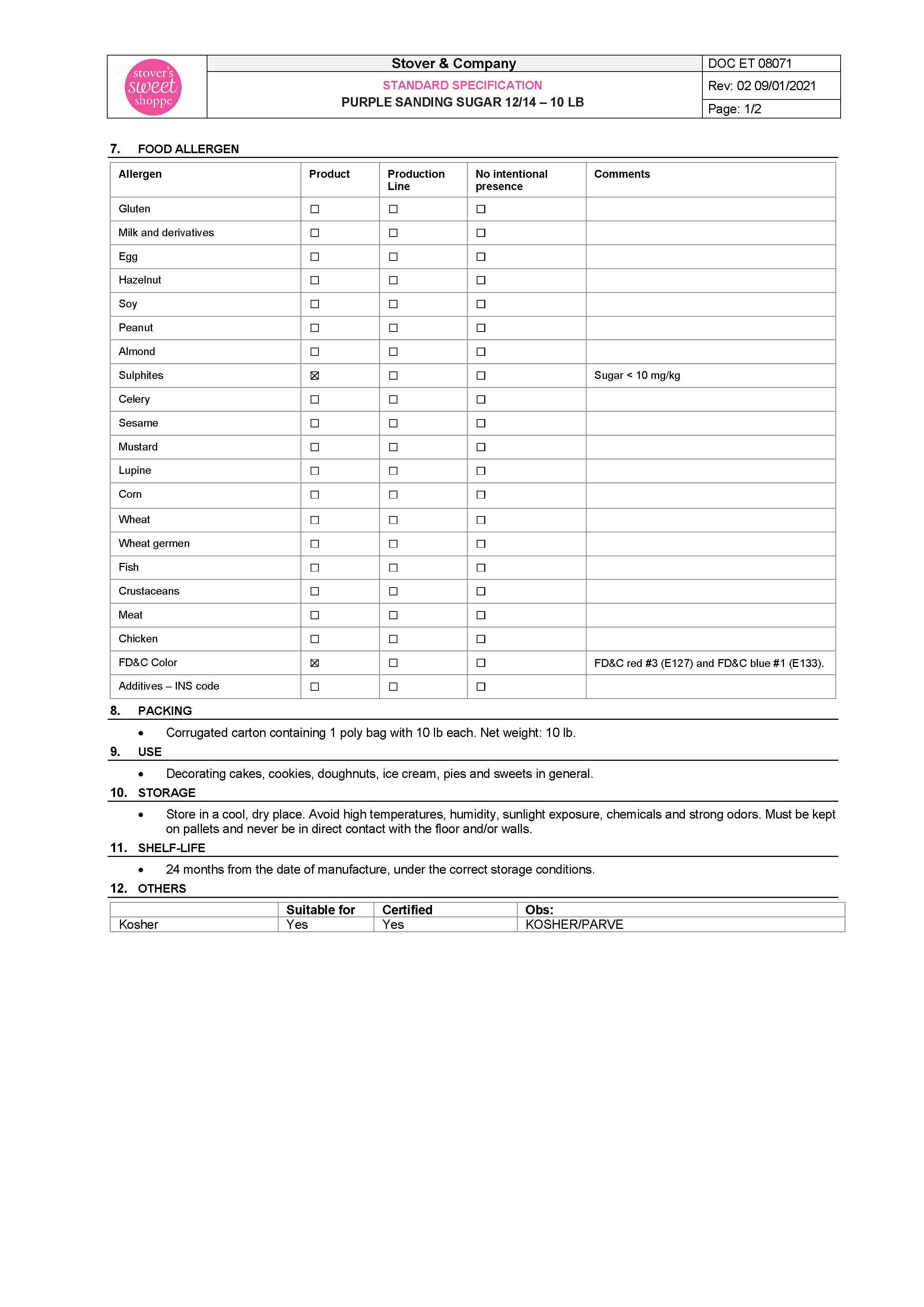 Purple Sanding Sugar Nutritional Info Page 2 by Stover's Sweet Shoppe at Stover & Company