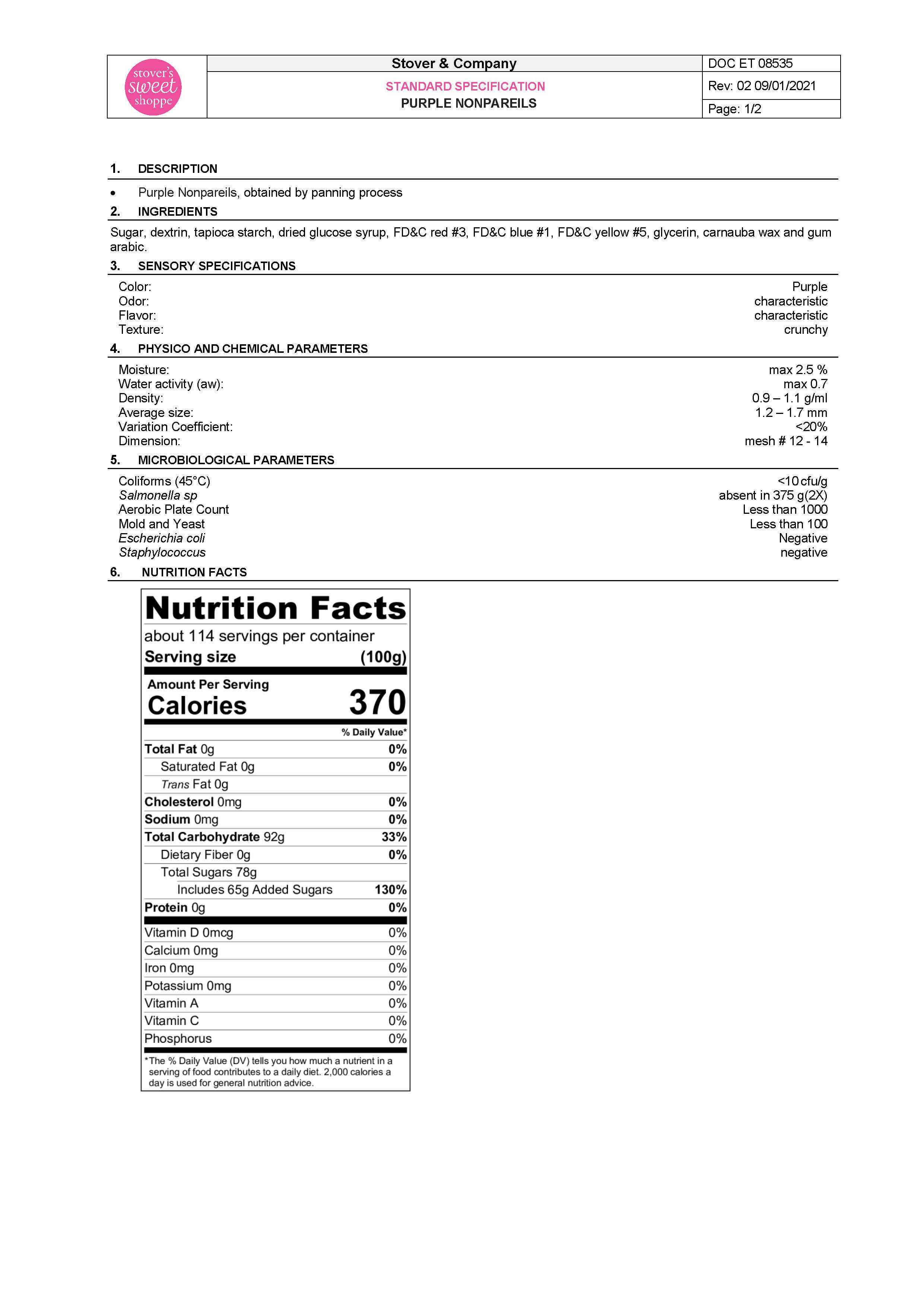 Purple NonPareils Nutritional Info Page 1 by Stover's Sweet Shoppe at Stover & Company