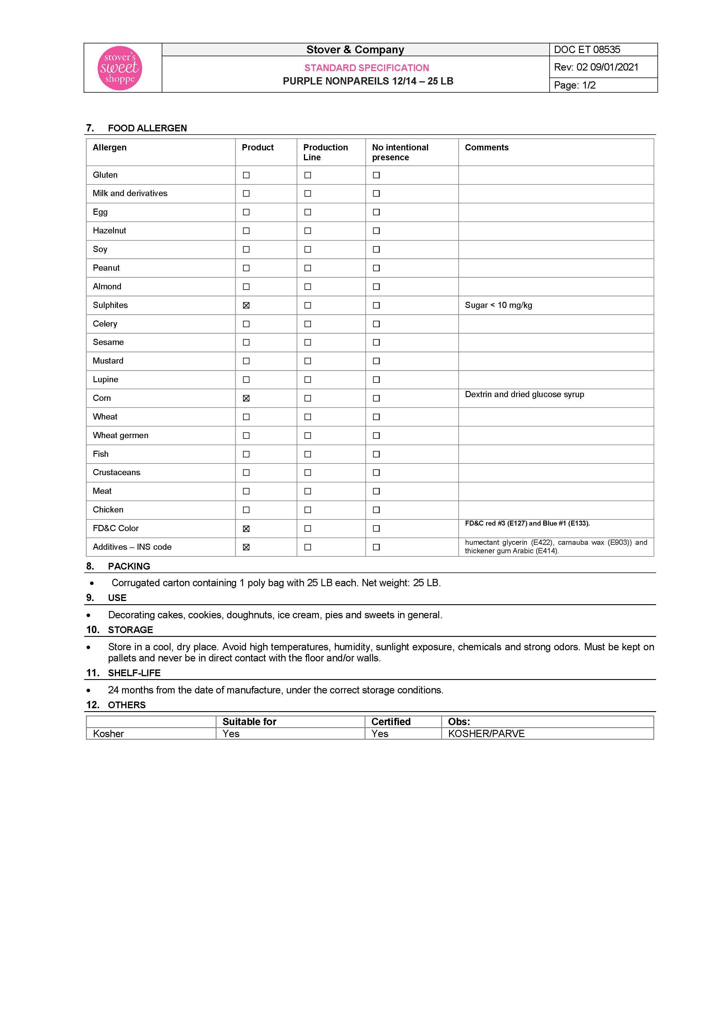 Purple Nonpareils Nutritional Info Page 2 by Stover's Sweet Shoppe at Stover & Company