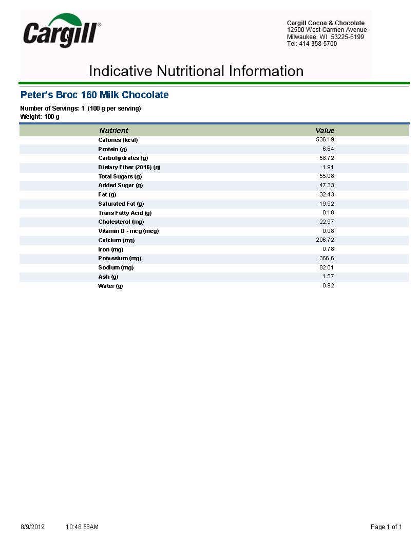 Broc 160 Milk Chocolate Nutritional Info by Peters Chocolate at Stover & Company