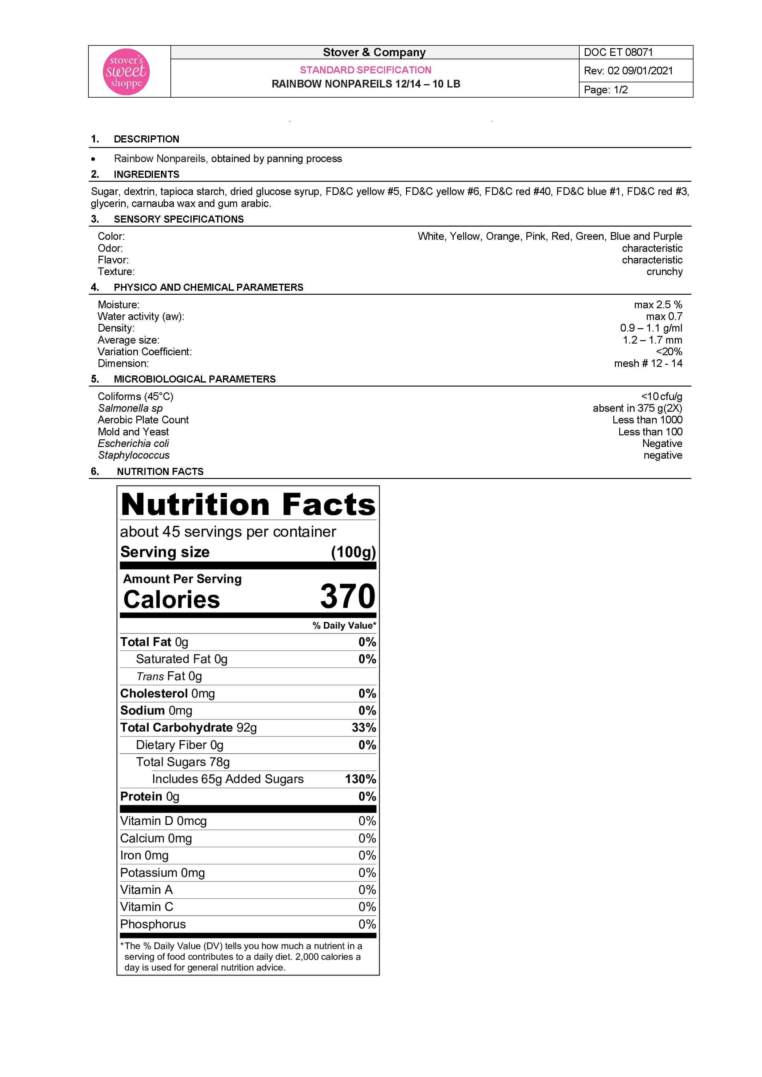 Rainbow Nonpareils Nutritional Info Page 1 by Stover's Sweet Shoppe at Stover & Company