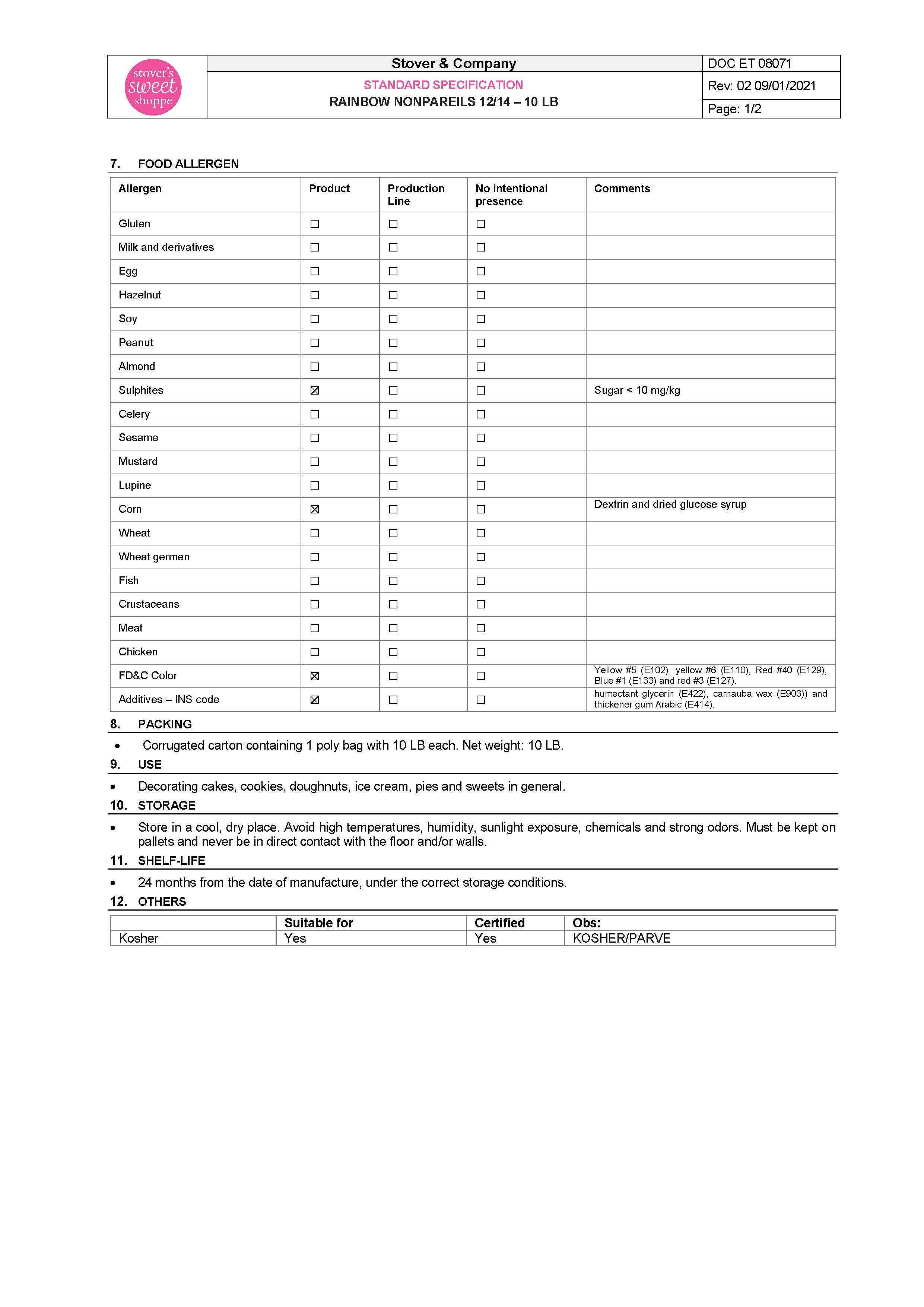 Rainbow Nonpareils Nutritional Info Page 2 by Stover's Sweet Shoppe at Stover & Company