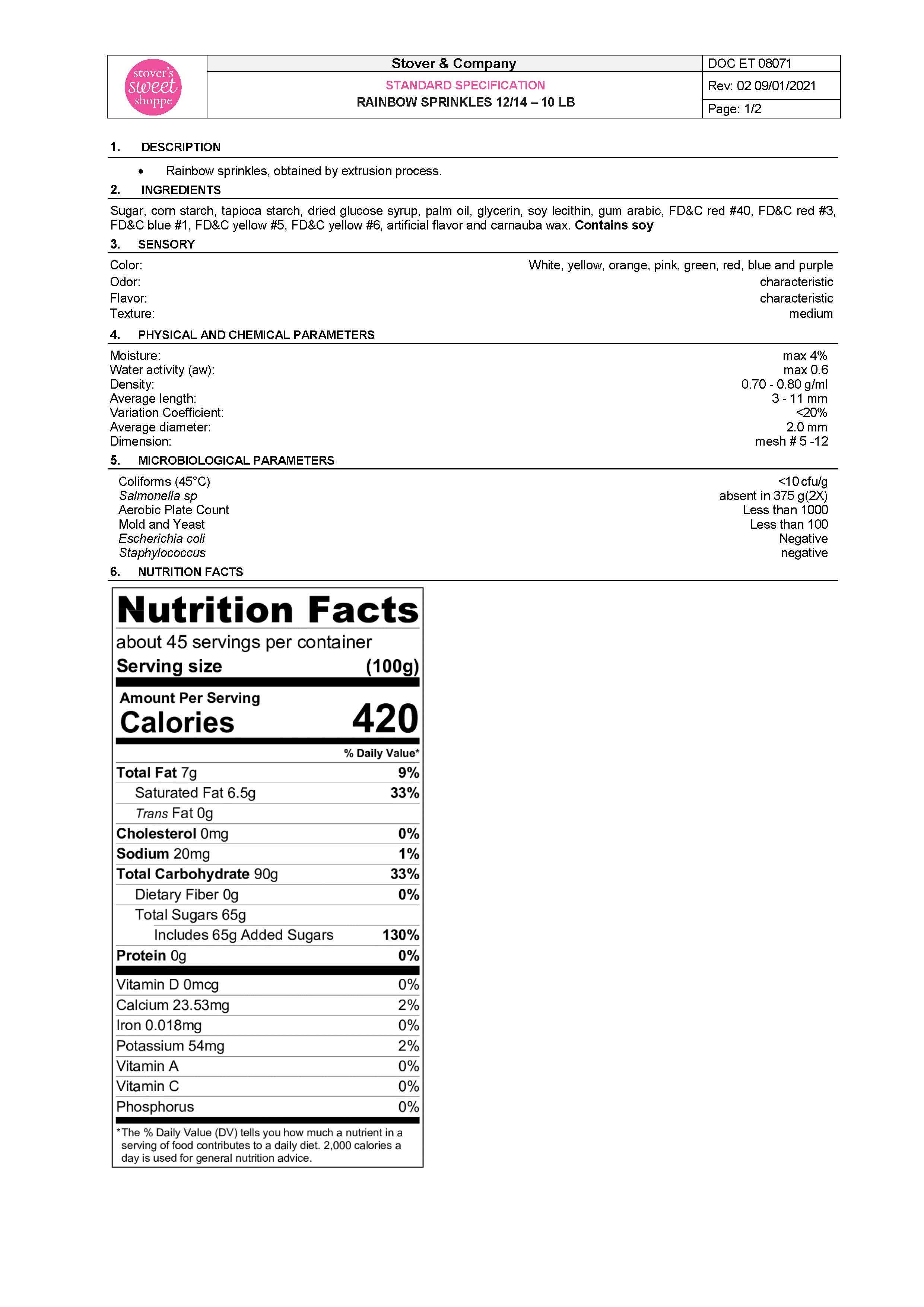 Rainbow Sprinkles Nutritional Info Page 1 by Stover's Sweet Shoppe at Stover & Company
