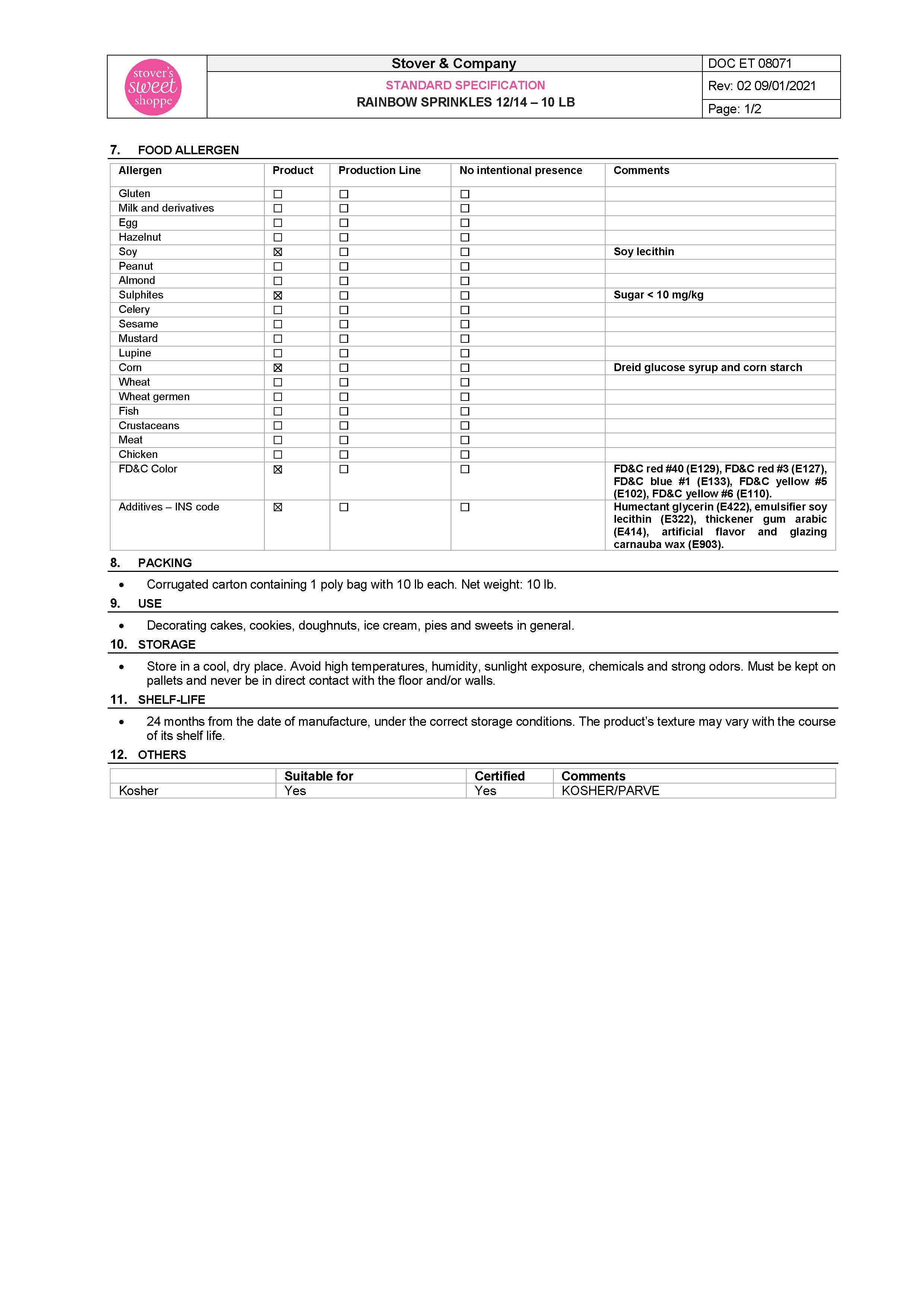 Rainbow Sprinkles Nutritional Info 2 by Stover's Sweet Shoppe at Stover & Company