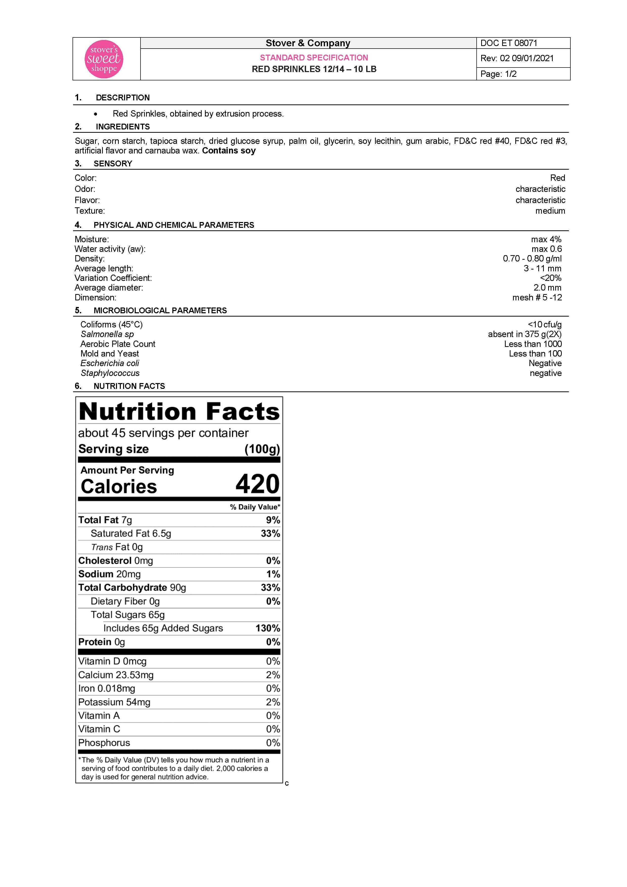 Red Sprinkles Nutritional Info Page 1 by Stover's Sweet Shoppe at Stover & Company