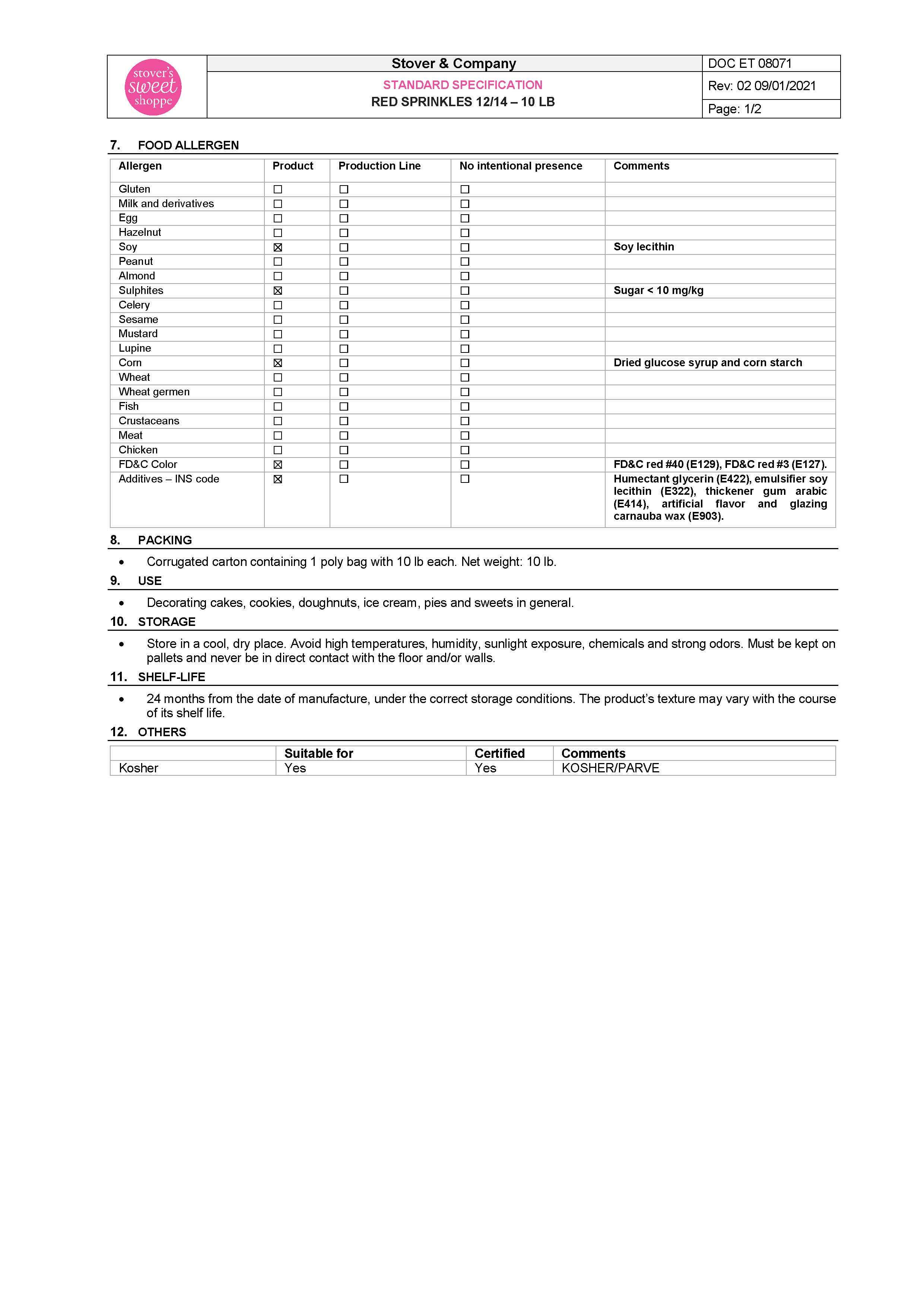 Red Sprinkles Nutritional Info Page 2 by Stover's Sweet Shoppe at Stover & Company