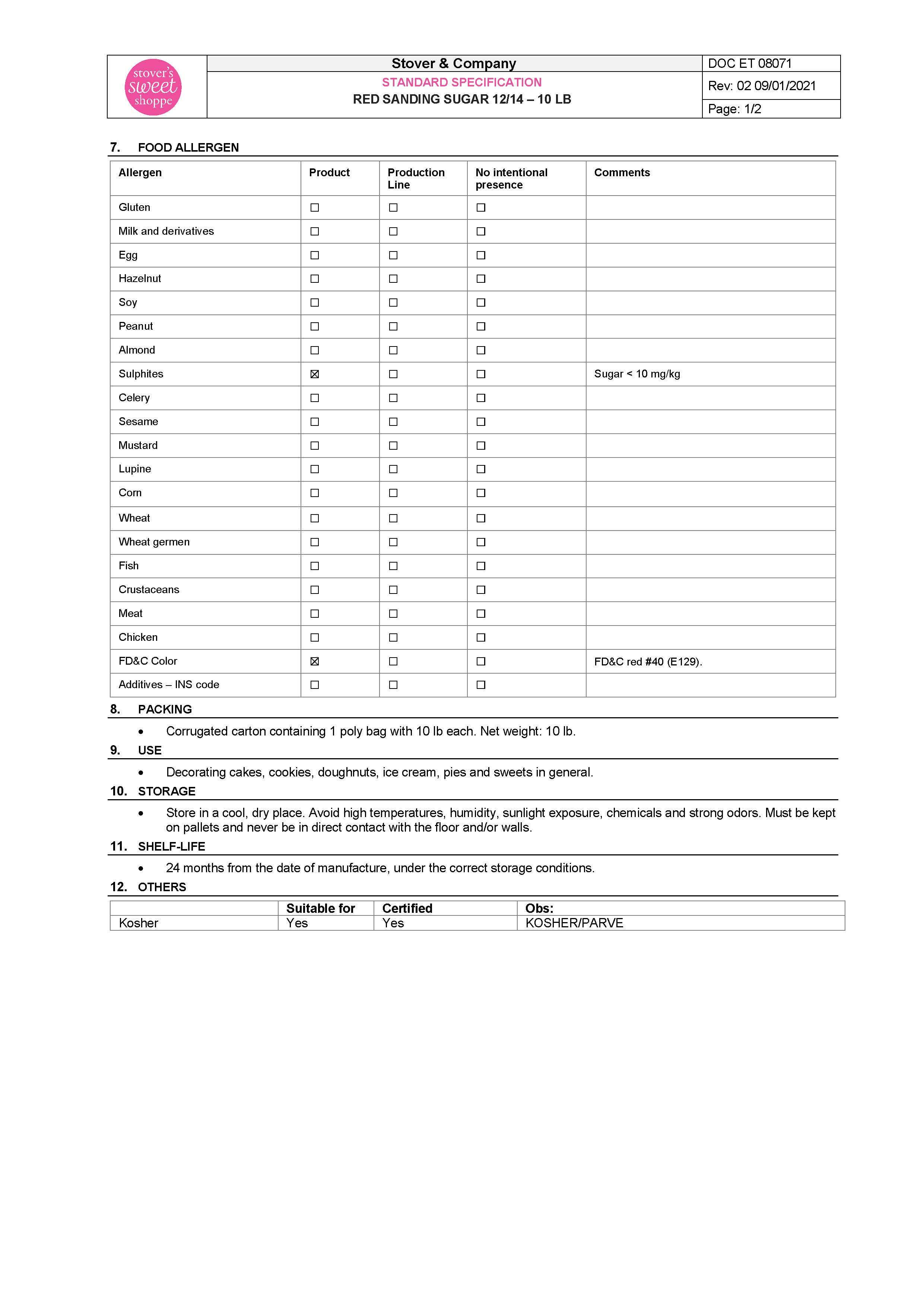 Red Sanding Sugar Nutritional Info Page 2 by Stover's Sweet Shoppe at Stover & Company