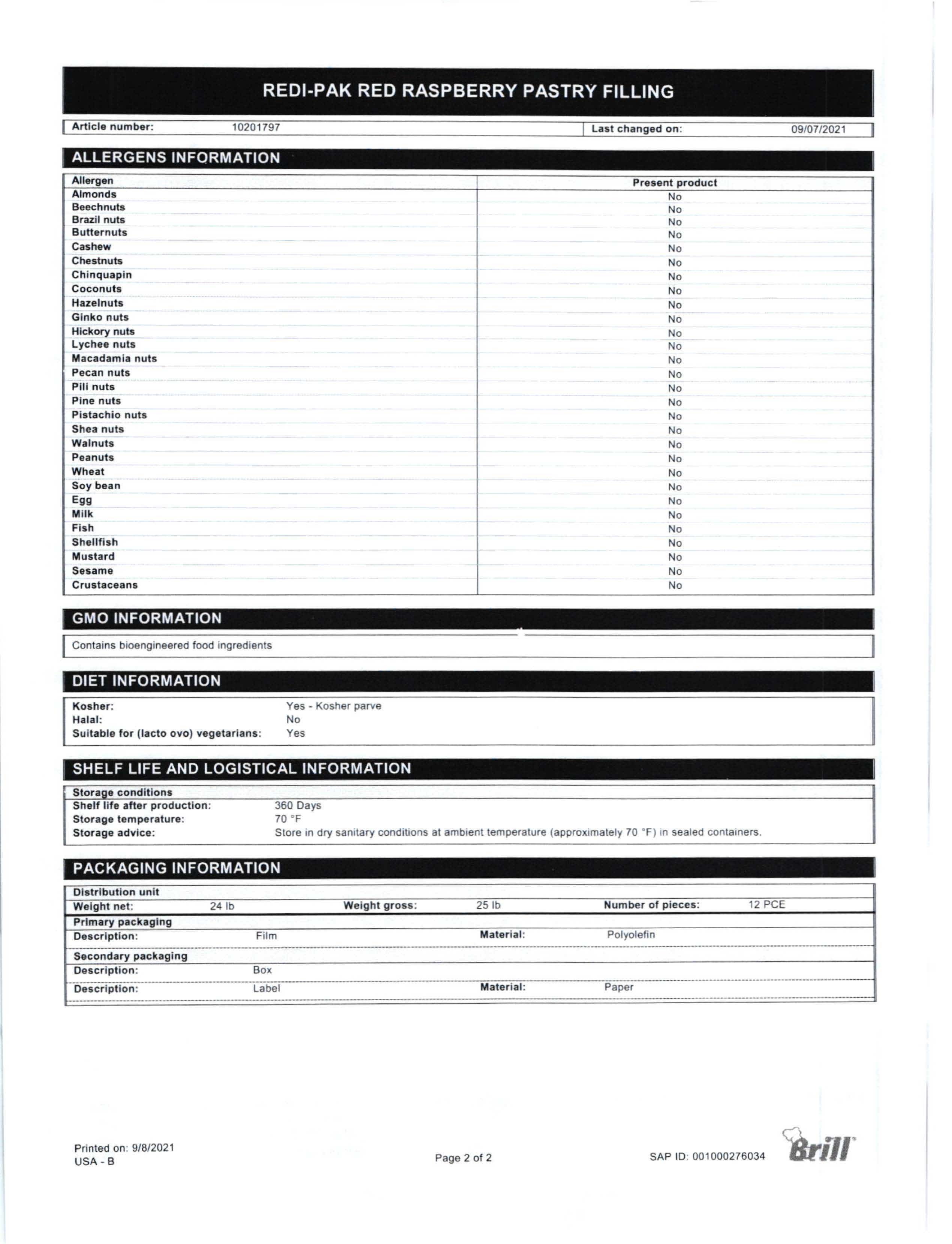 Red Raspberry Redi-Pak Filling Nutritional Info Page 2 by Henry & Henry at Stover & Company