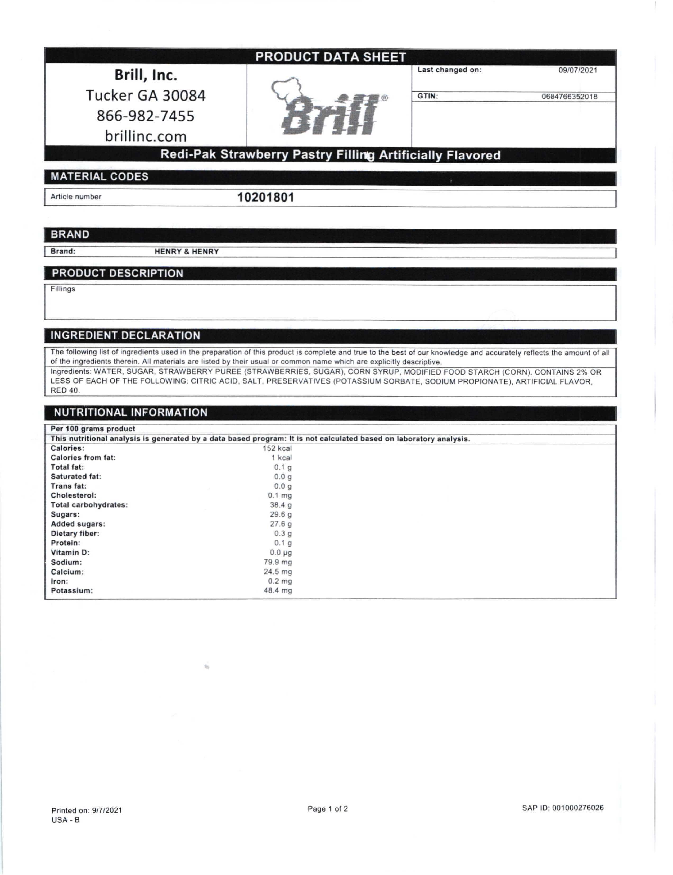 Strawberry Redi-Pak Filling Nutritional Info Page 1 by Henry & Henry at Stover & Company